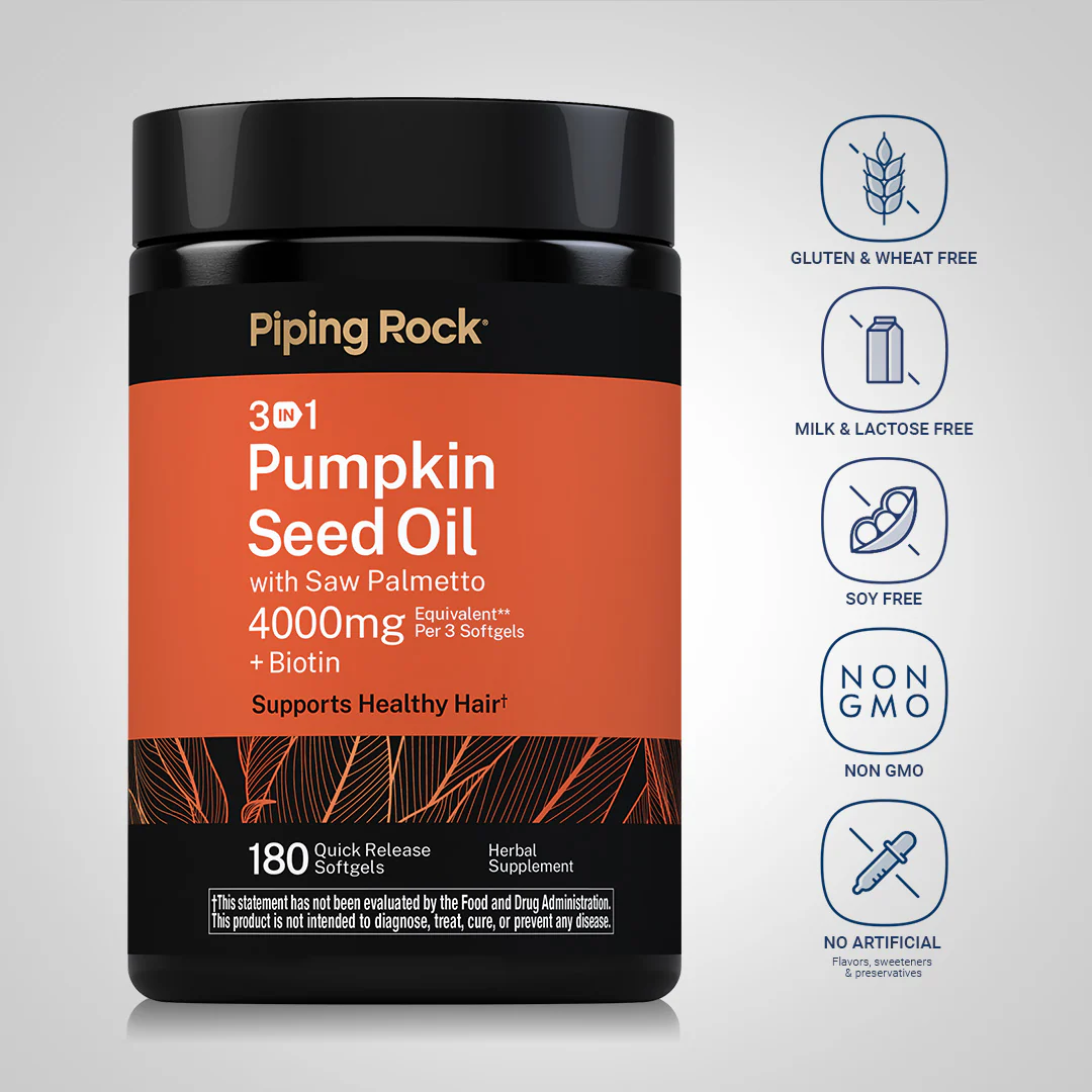 3 in 1 Pumpkin Seed Oil with Saw Palmetto + Biotin, 4000 mg (per serving), 180 Quick Release Softgels - Image 4