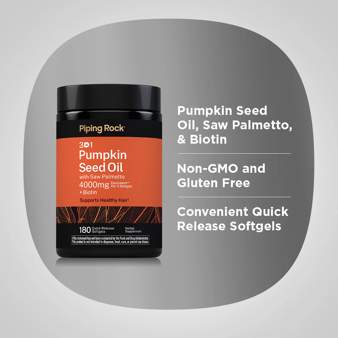 3 in 1 Pumpkin Seed Oil with Saw Palmetto + Biotin, 4000 mg (per serving), 180 Quick Release Softgels, 2  Bottles - Image 3