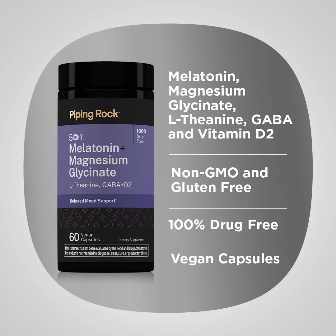 5 in 1 Melatonin + Magnesium Glycinate, 60 Vegan Capsules - Image 3