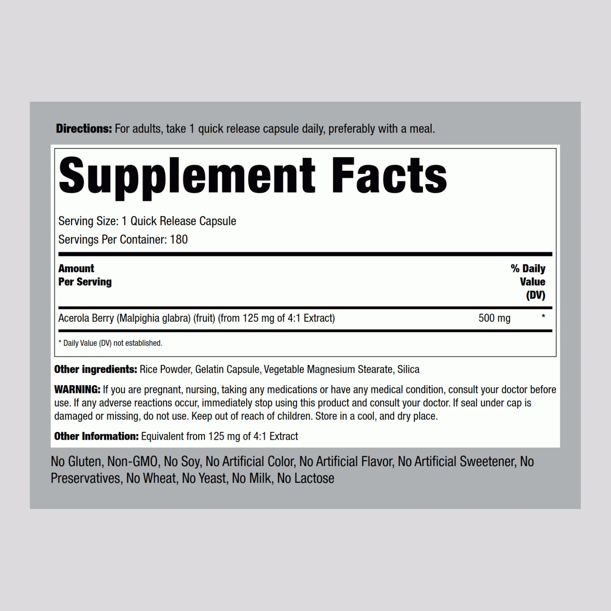 Acerola Berry, 500 mg, 180 Quick Release Capsules - Image 2