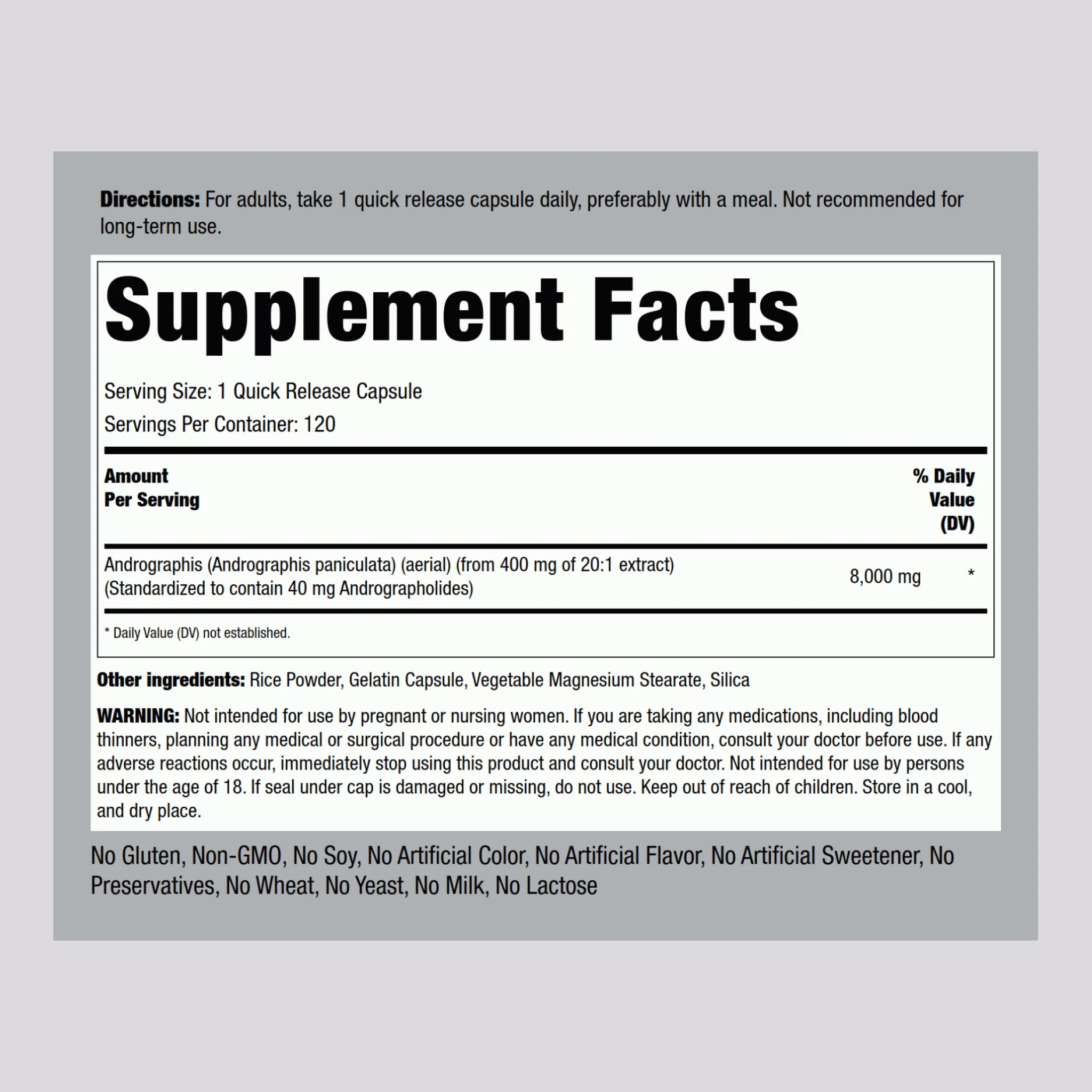 Andrographis Paniculata Extract, 8000 mg, 120 Quick Release Capsules - Image 2