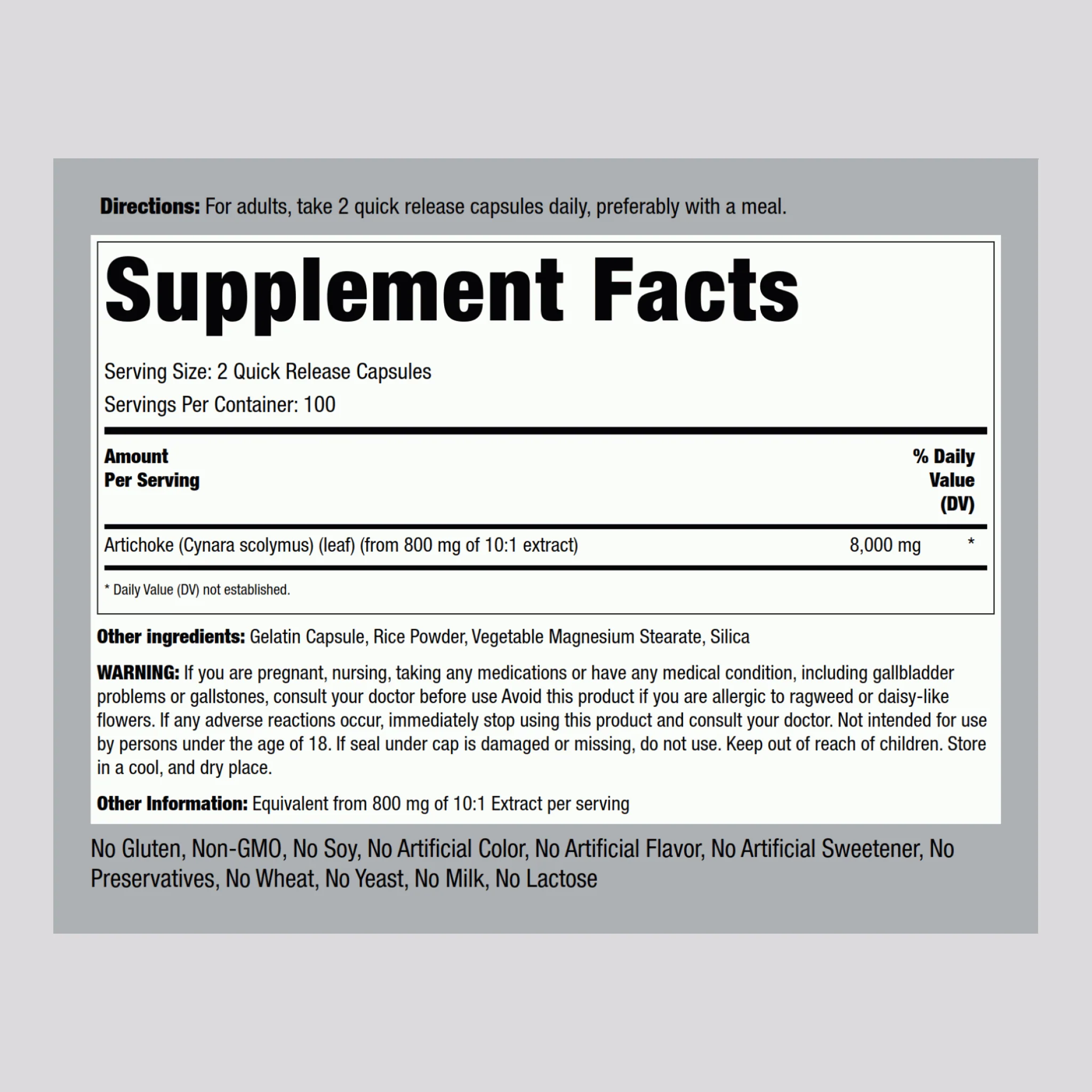 Artichoke Leaf, 8000 mg (per serving), 200 Quick Release Capsules - Image 2