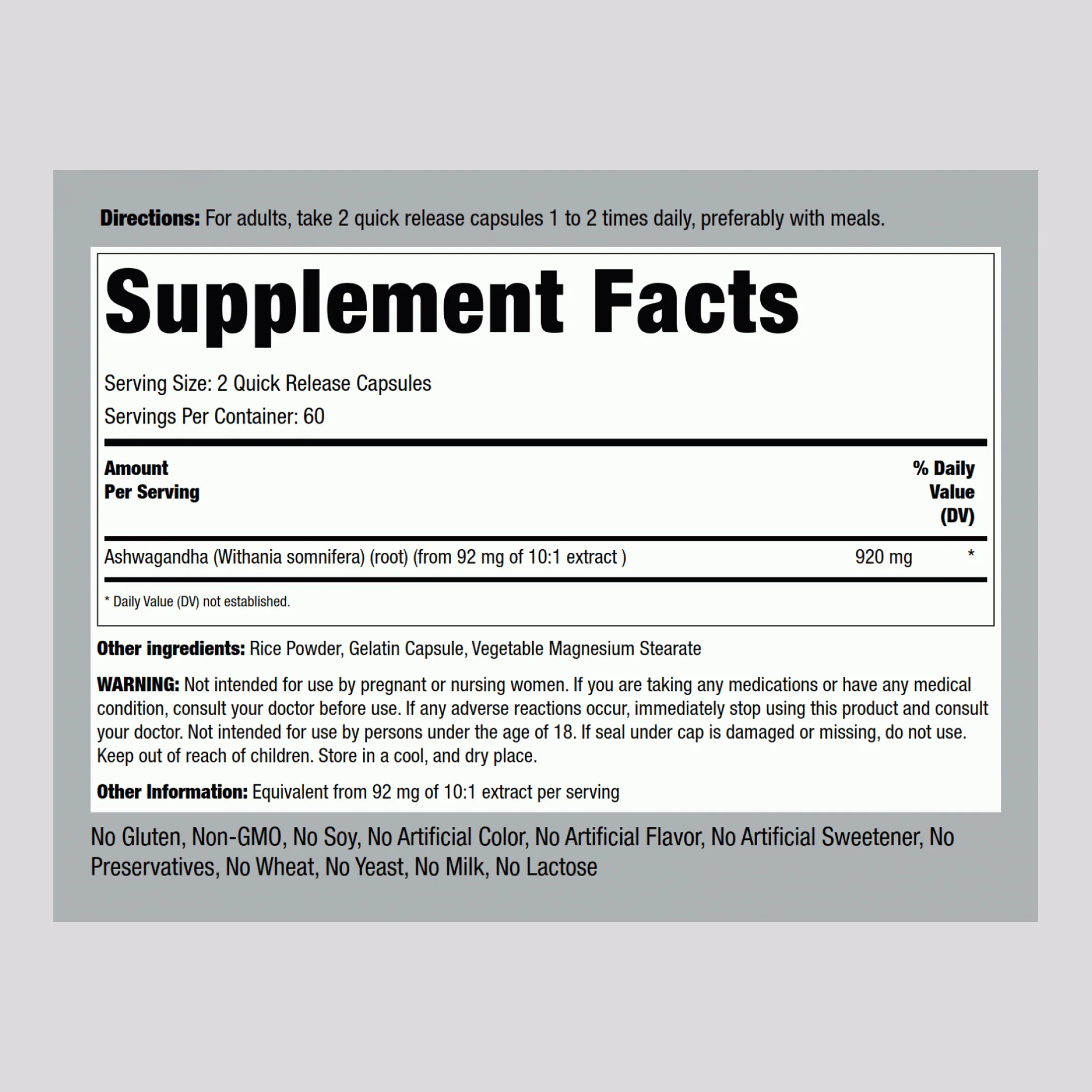 Ashwagandha Root (Withania somnifera), 920 mg (per serving), 120 Quick Release Capsules - Image 2