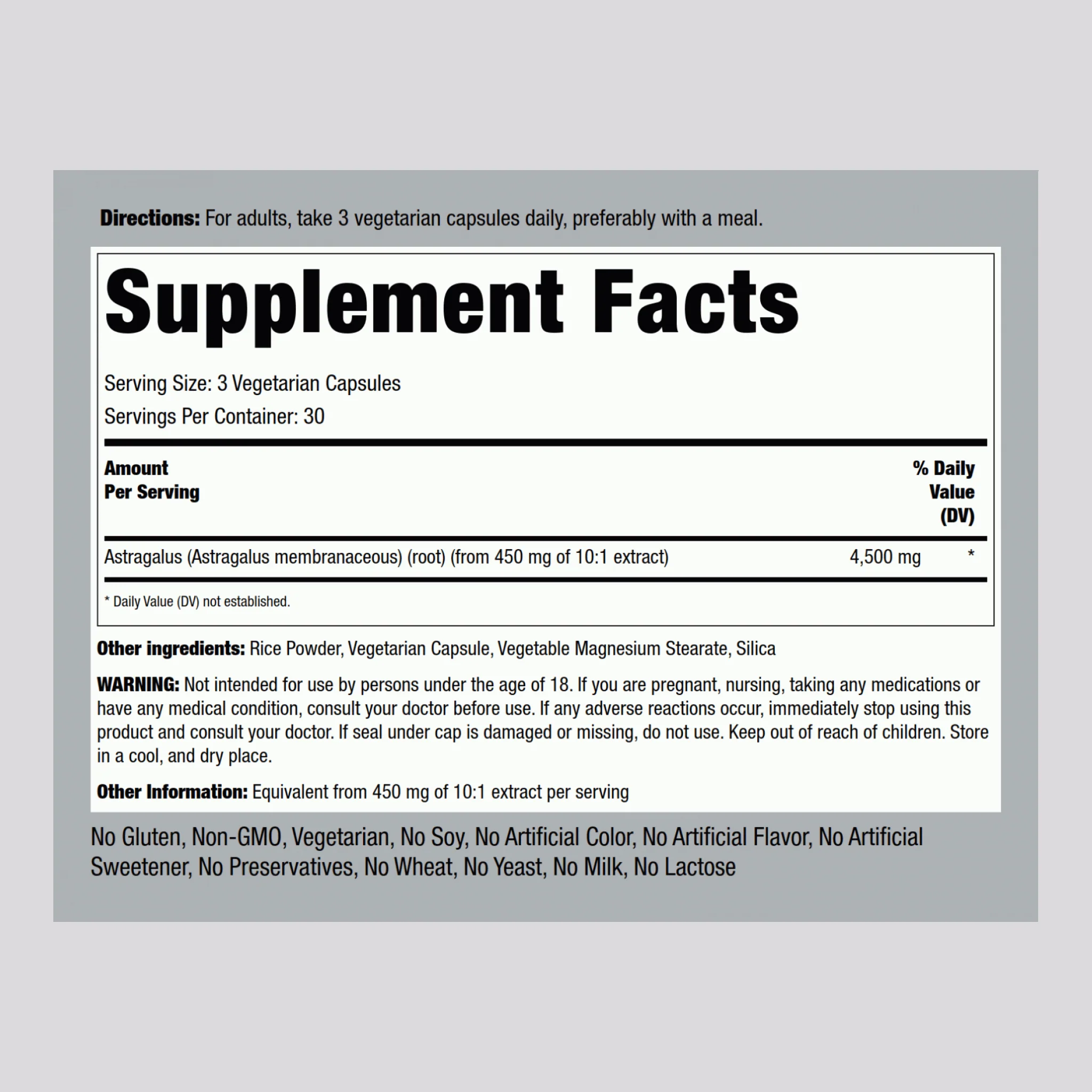Astragalus Root, 4500 mg (per serving), 90 Vegetarian Capsules - Image 2