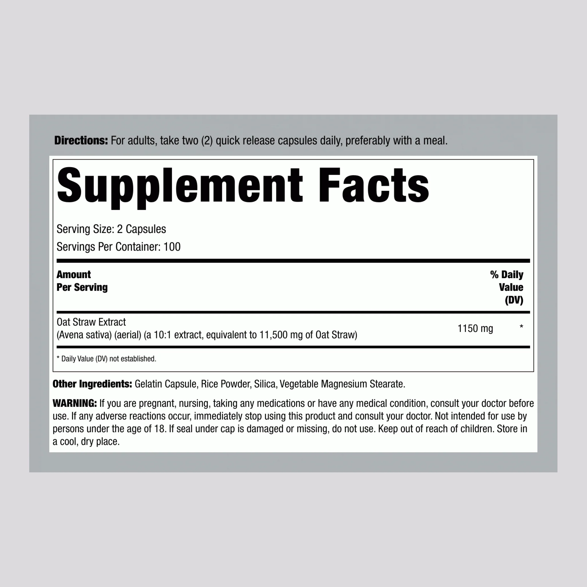Avena Sativa Extract (Oat Straw Extract), 1150 mg (per serving), 200 Capsules - Image 2