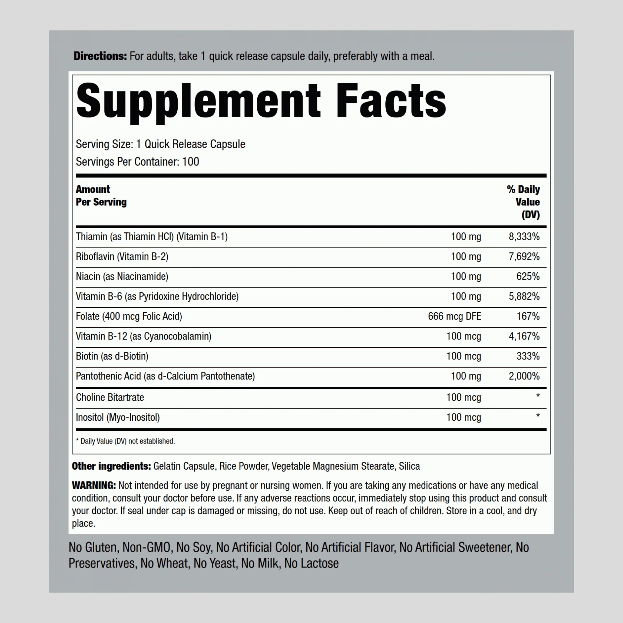 B-100 Vitamin B Complex, 100 Quick Release Capsules - Image 2