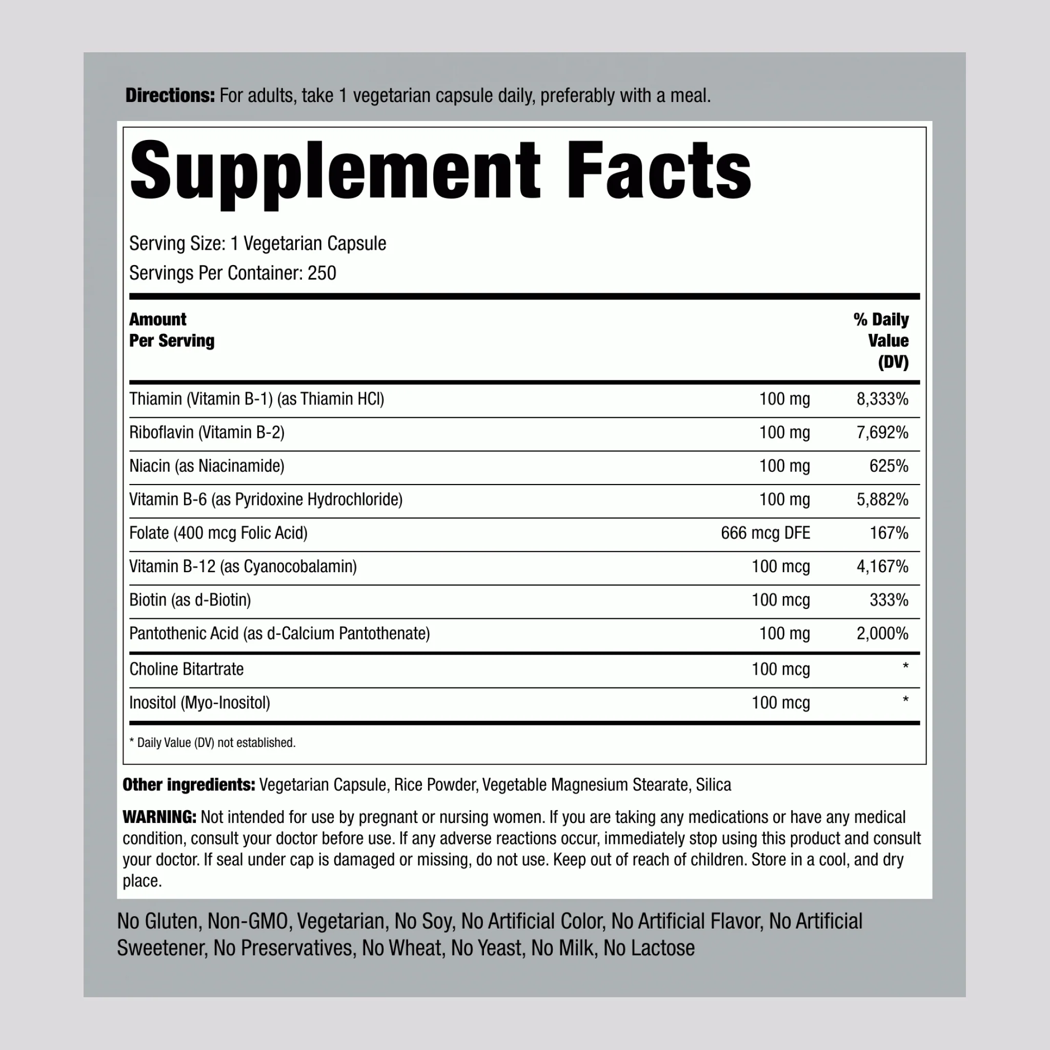 B-100 Vitamin B Complex, 250 Vegetarian Capsules - Image 2