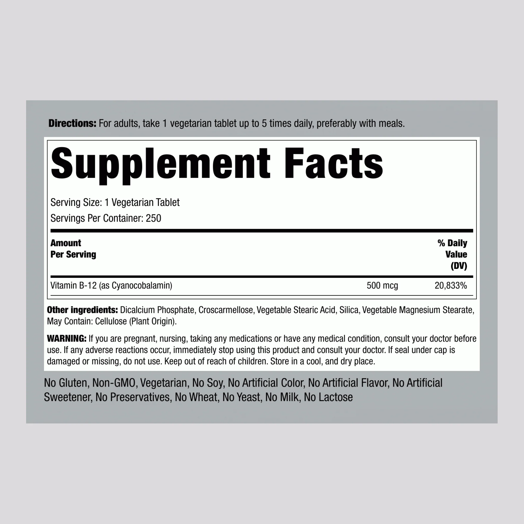 B-12, 500 mcg, 250 Tablets - Image 2