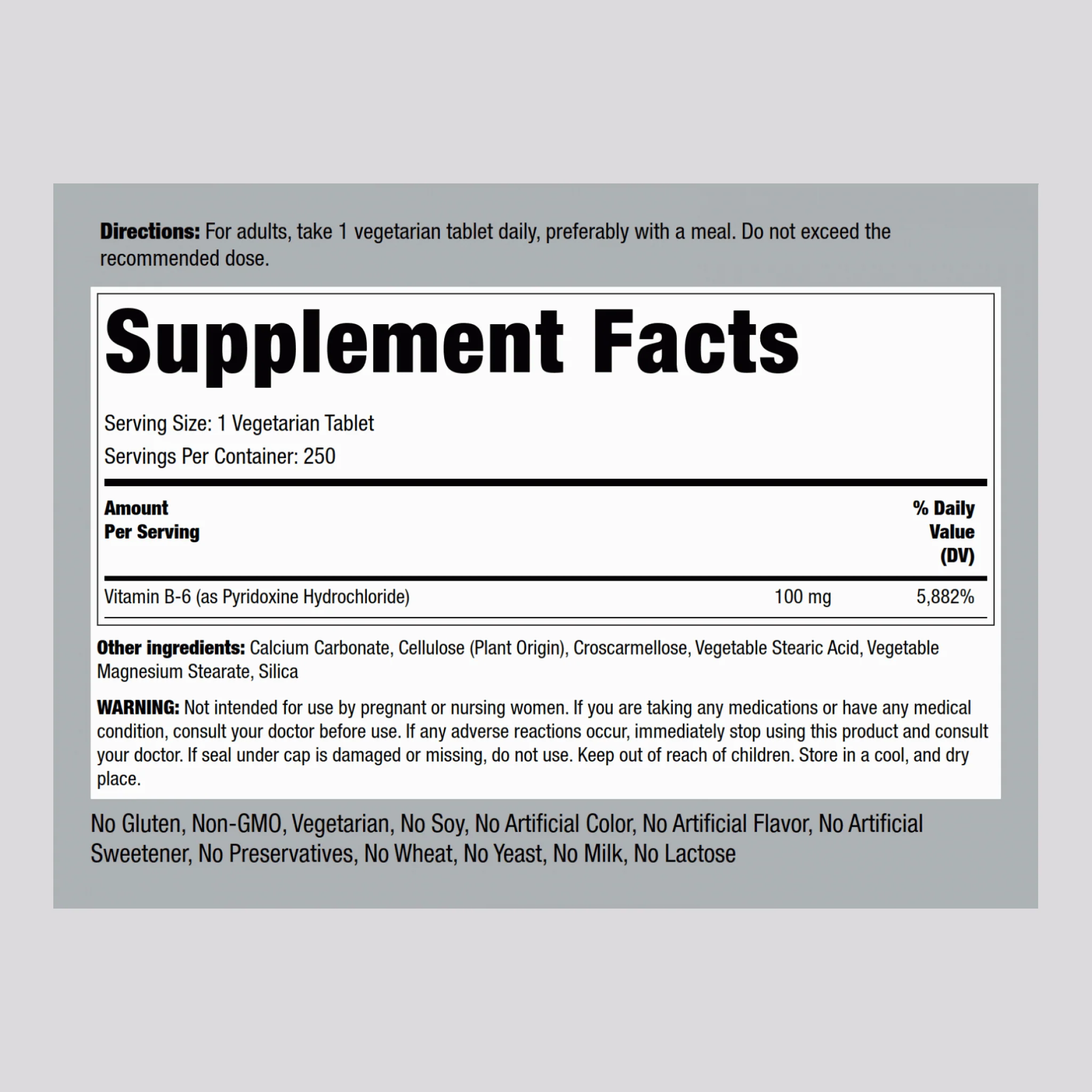 B-6 (Pyridoxine), 100 mg, 250 Tablets, 2  Bottles - Image 2
