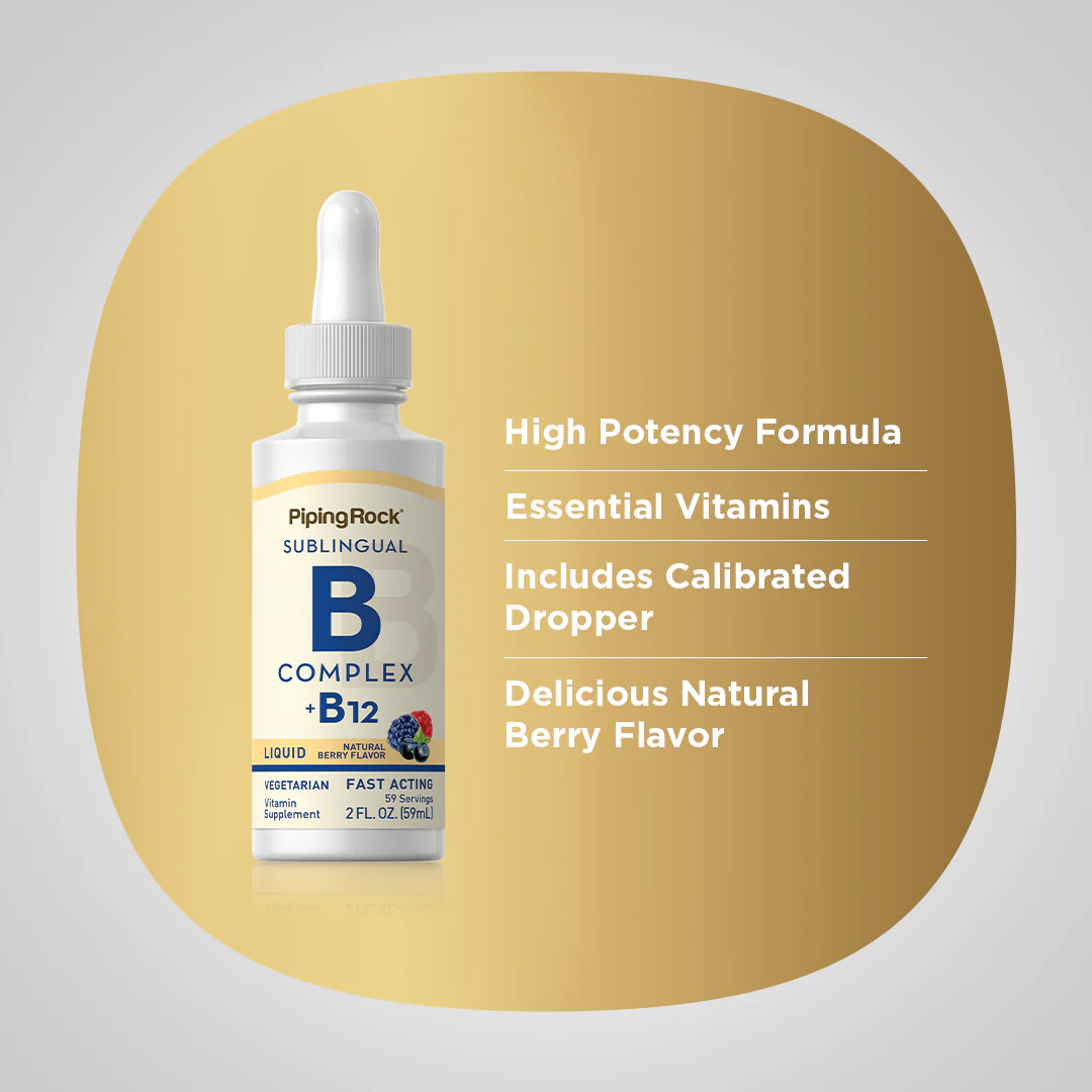 B-Complex Liquid Plus B-12 Sublingual, 1200 mcg, 2 fl oz (59 mL) Dropper Bottle, 2  Dropper Bottles - Image 3