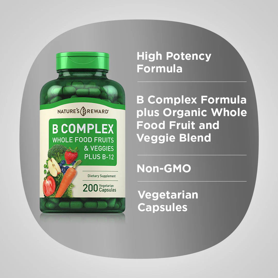 B Complex Whole Food Fruits & Veggies, 200 Vegetarian Capsules - Image 3
