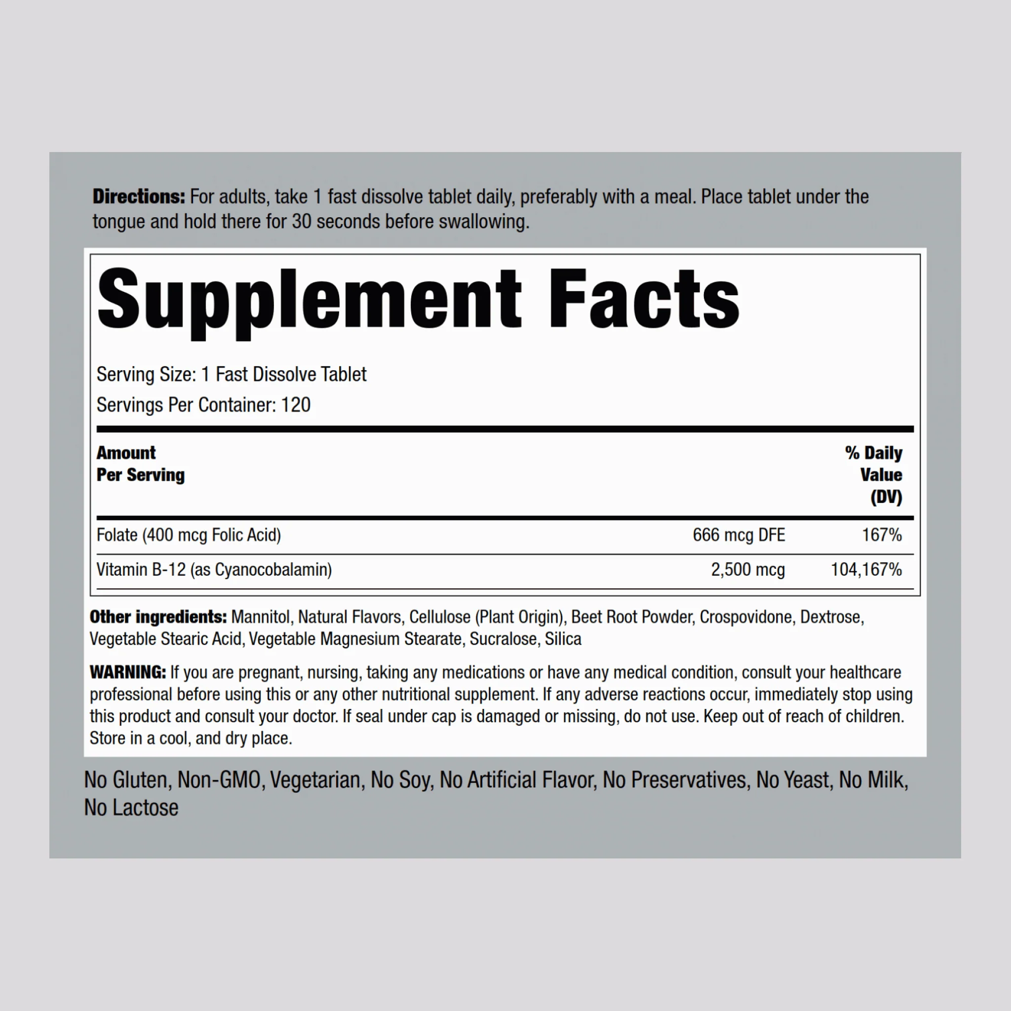 B12 2500 mcg + Folic Acid 400 mcg, 120 Fast Dissolve Tablets, 2  Bottles - Image 2