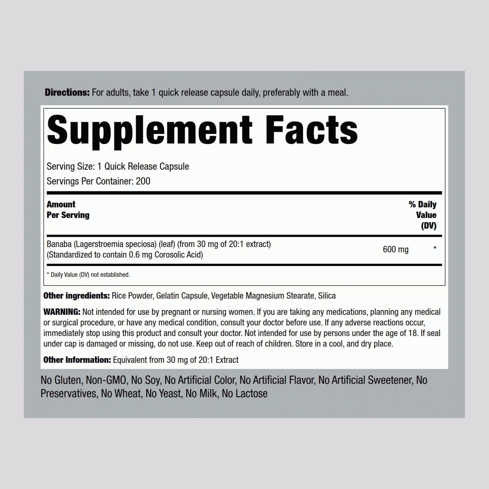 Banaba Extract (0.6 mg Corosolic Acid), 600 mg, 200 Quick Release Capsules - Image 2