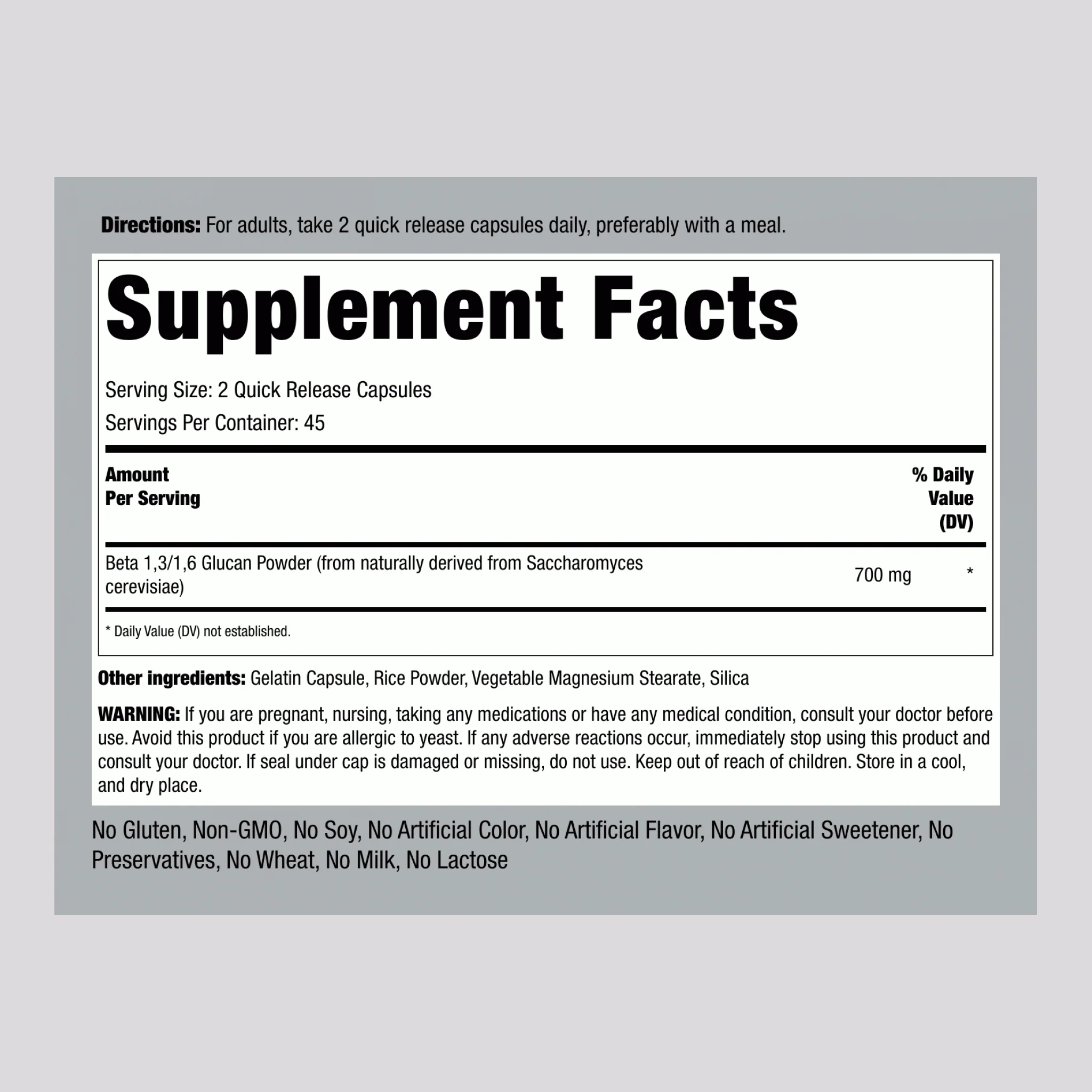 Beta 1,3/1,6-D-Glucan, 700 mg (per serving), 90 Quick Release Capsules - Image 2