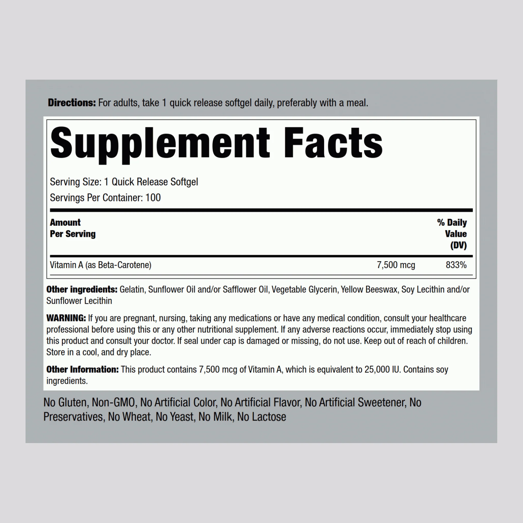 Beta Carotene (Vitamin A), 25,000 IU, 100 Quick Release Softgels - Image 2