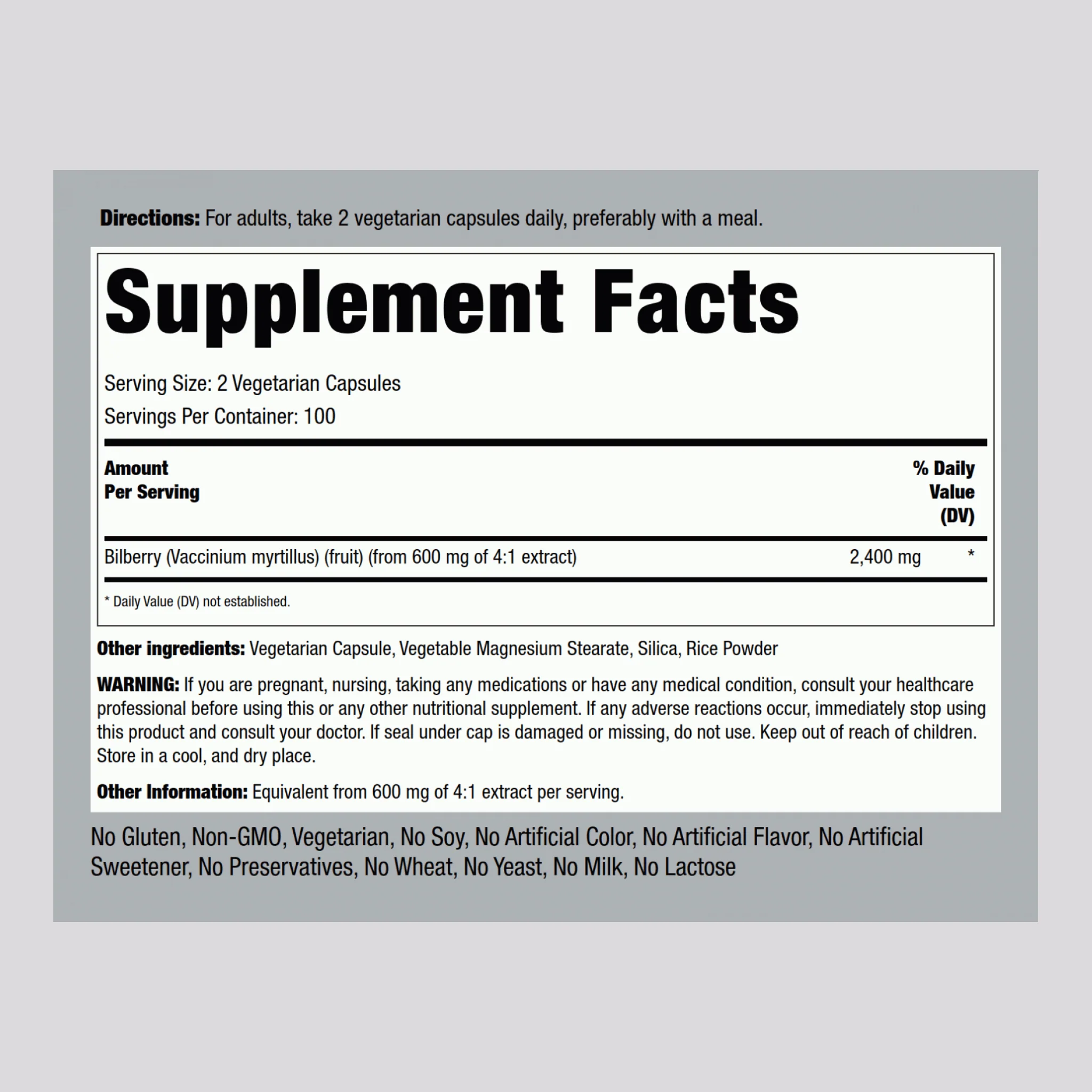 Bilberry Extract, 2400 mg (per serving), 200 Vegetarian Capsules - Image 2