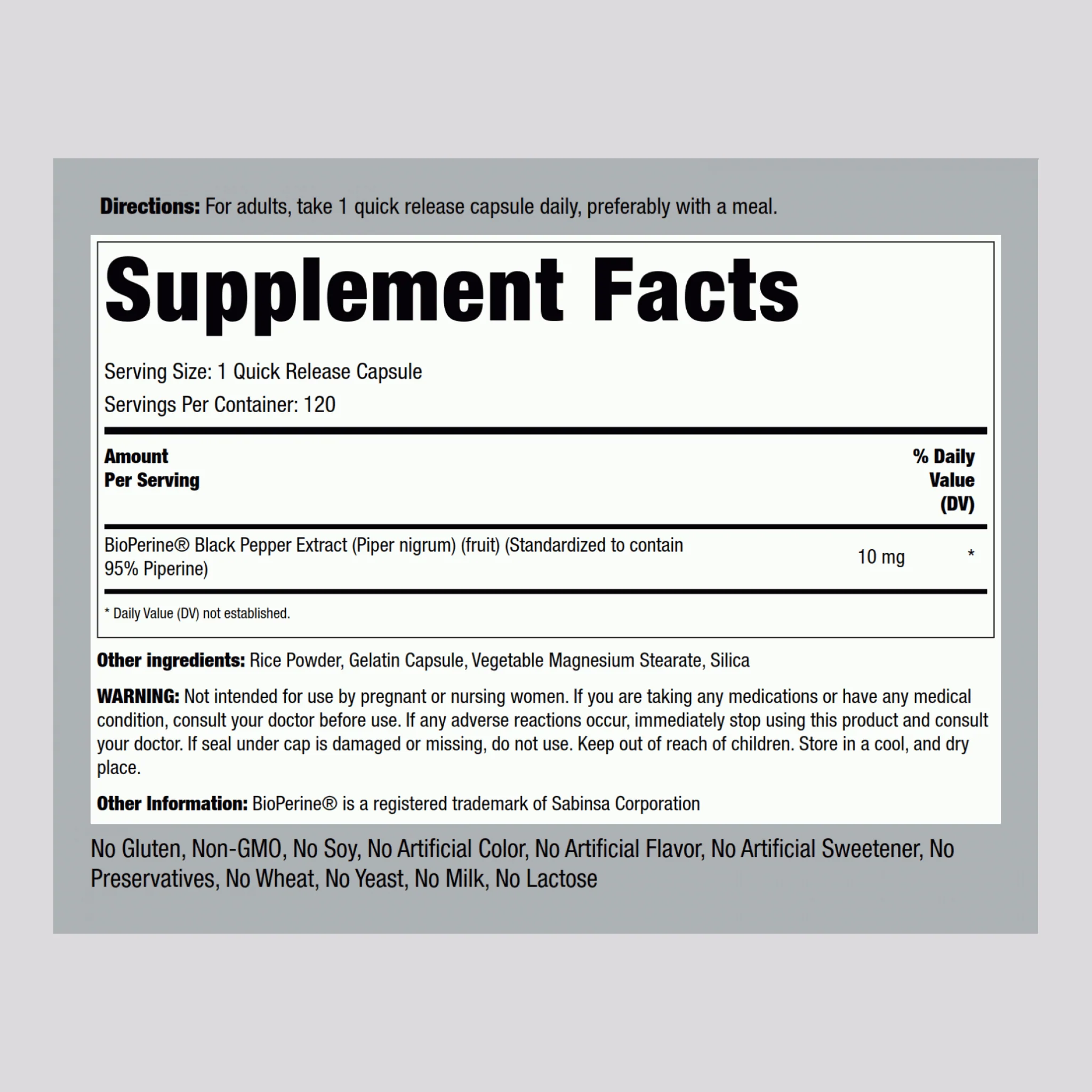 BioPerine Black Pepper Extract, 10 mg, 120 Quick Release Capsules - Image 2