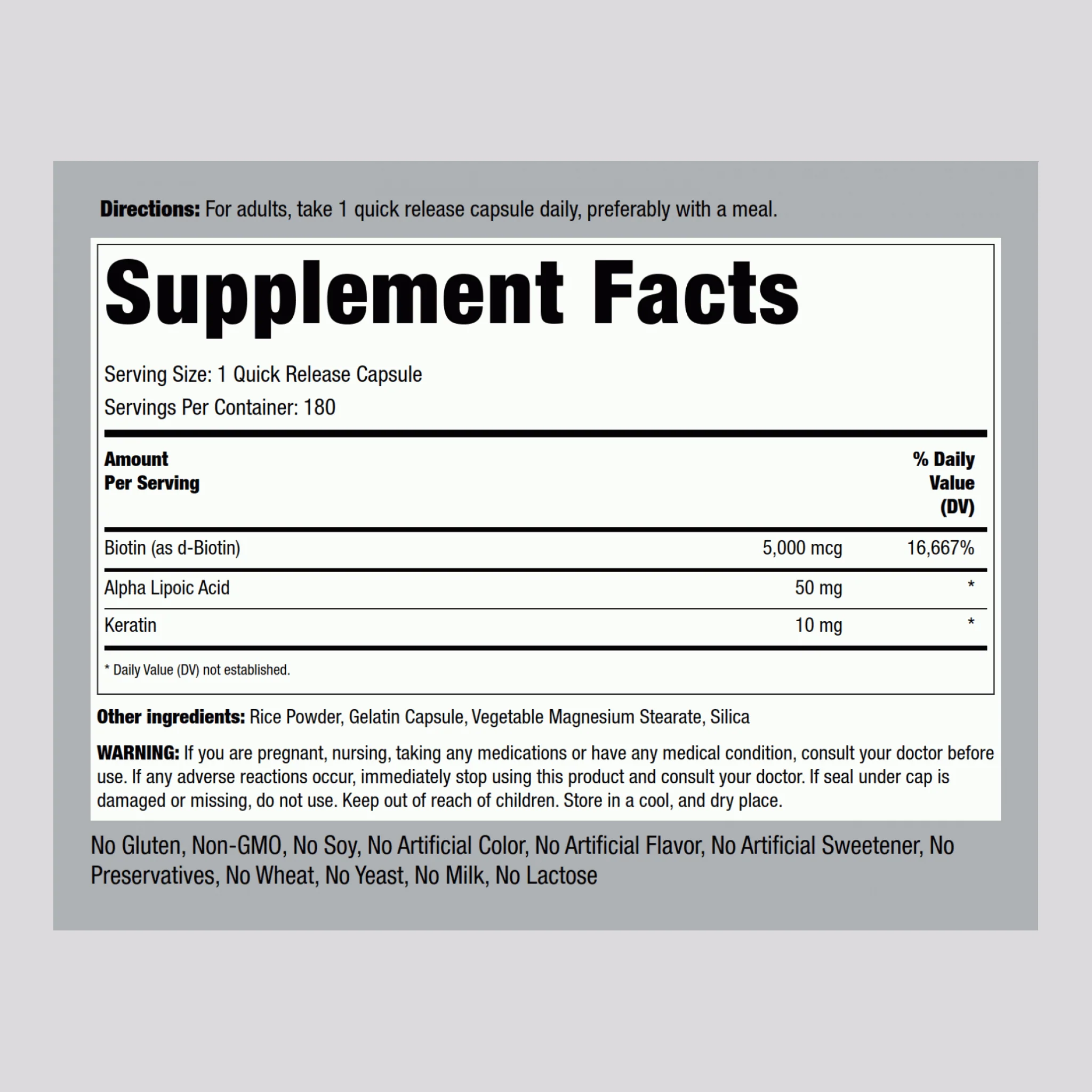 Biotin 5000 mcg (5mg) Plus Keratin, 180 Quick Release Capsules - Image 2