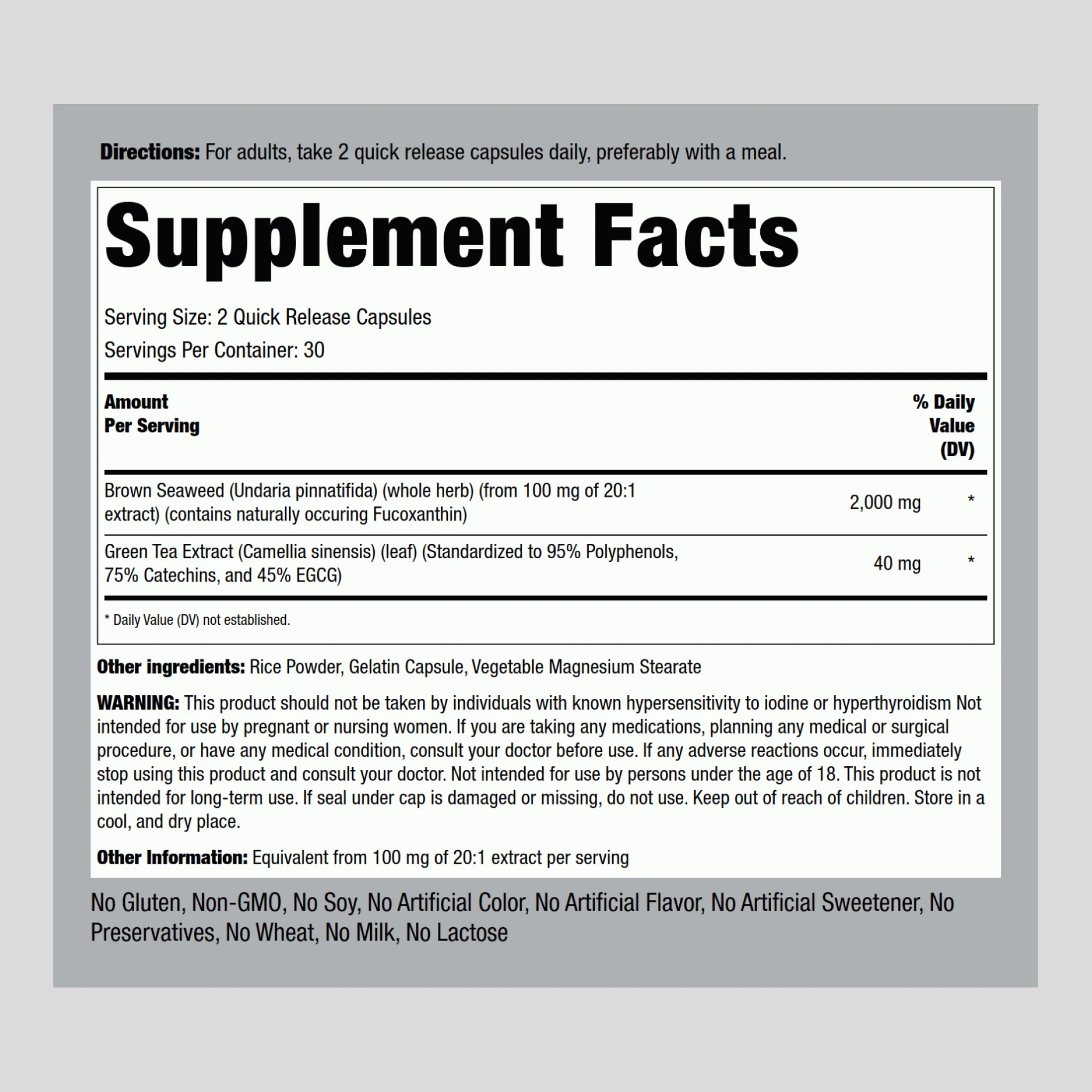Brown Seaweed Plus (Wakame), 2000 mg (per serving), 60 Quick Release Capsules, 2  Bottles - Image 2