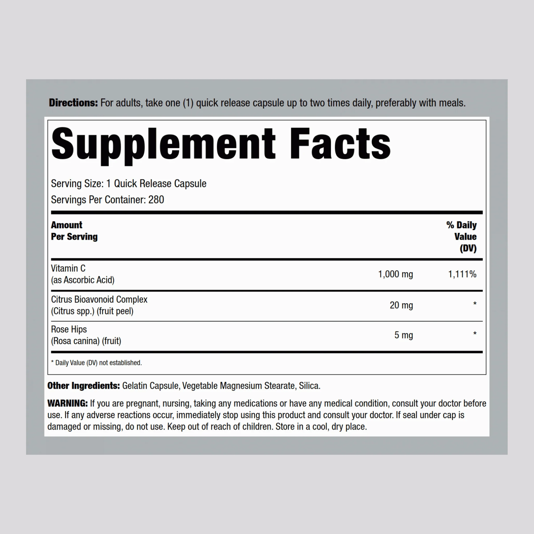 C-Gram 1000 mg with Rose Hips & Bioflavonoids, 280 Quick Release Capsules - Image 2