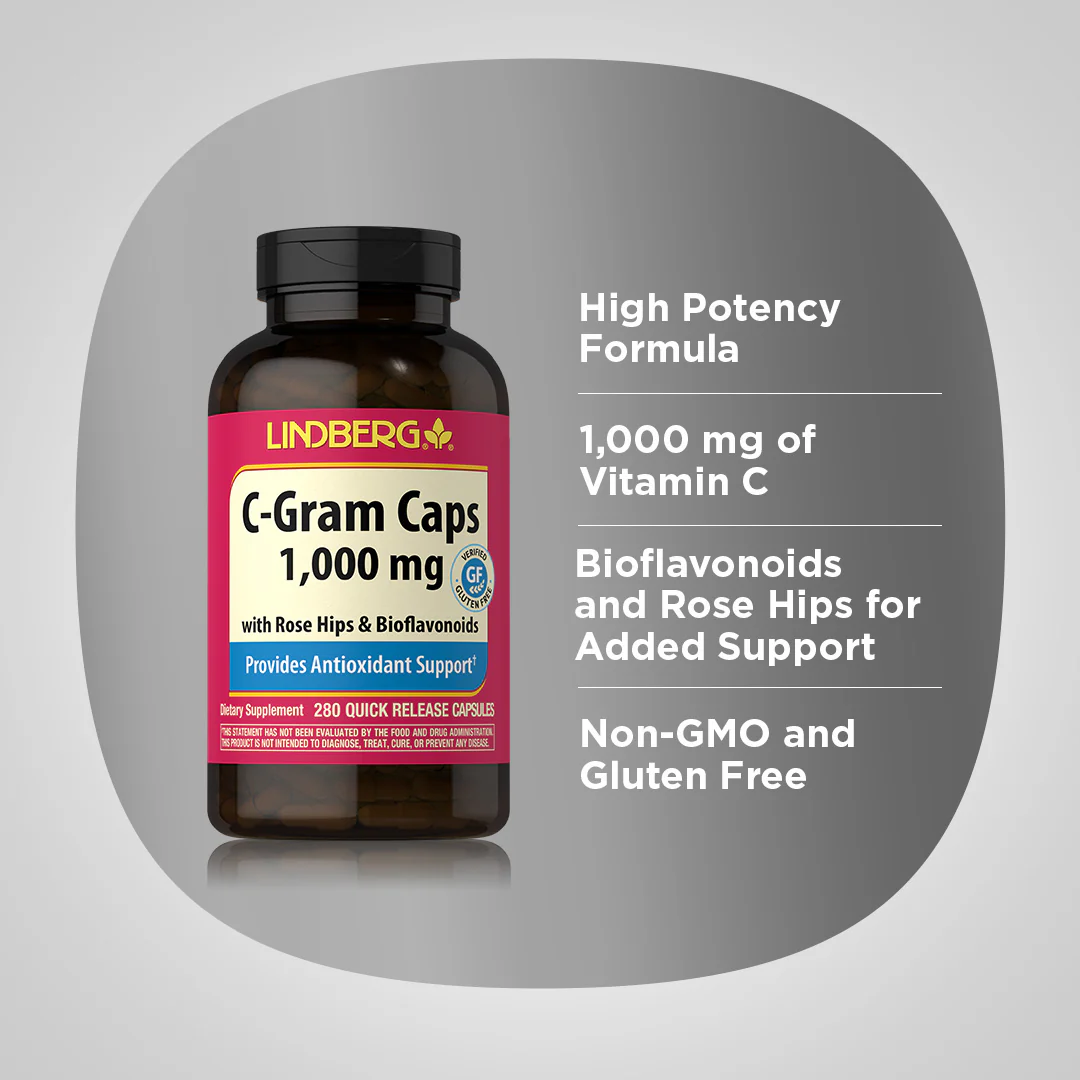 C-Gram 1000 mg with Rose Hips & Bioflavonoids, 280 Quick Release Capsules - Image 4