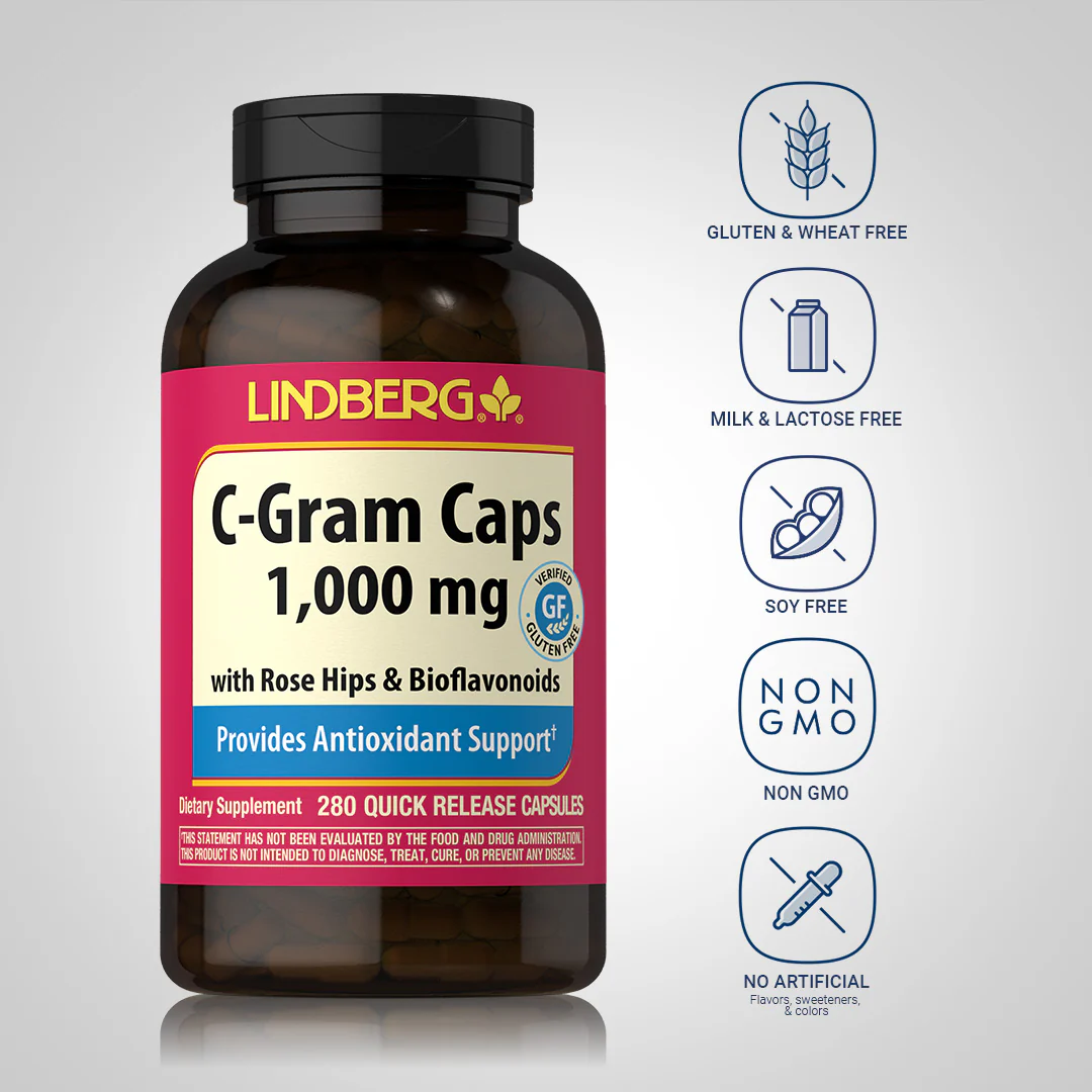 C-Gram 1000 mg with Rose Hips & Bioflavonoids, 280 Quick Release Capsules - Image 5