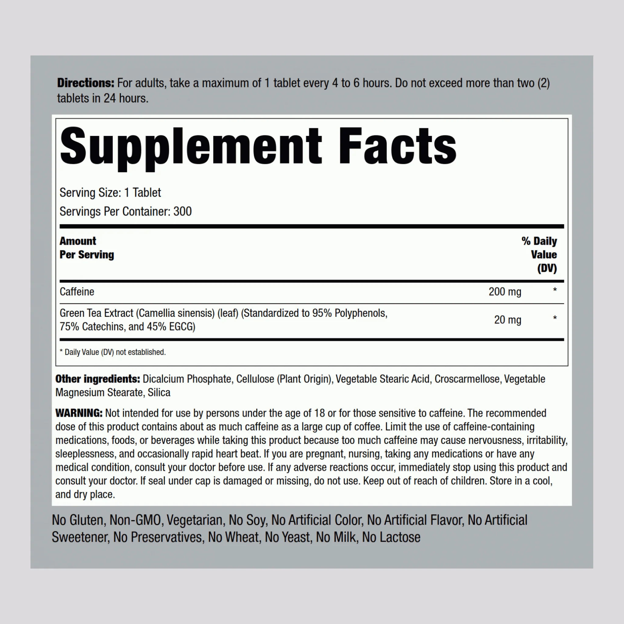 Caffeine Plus Green Tea, 220 mg, 300 Tablets - Image 2