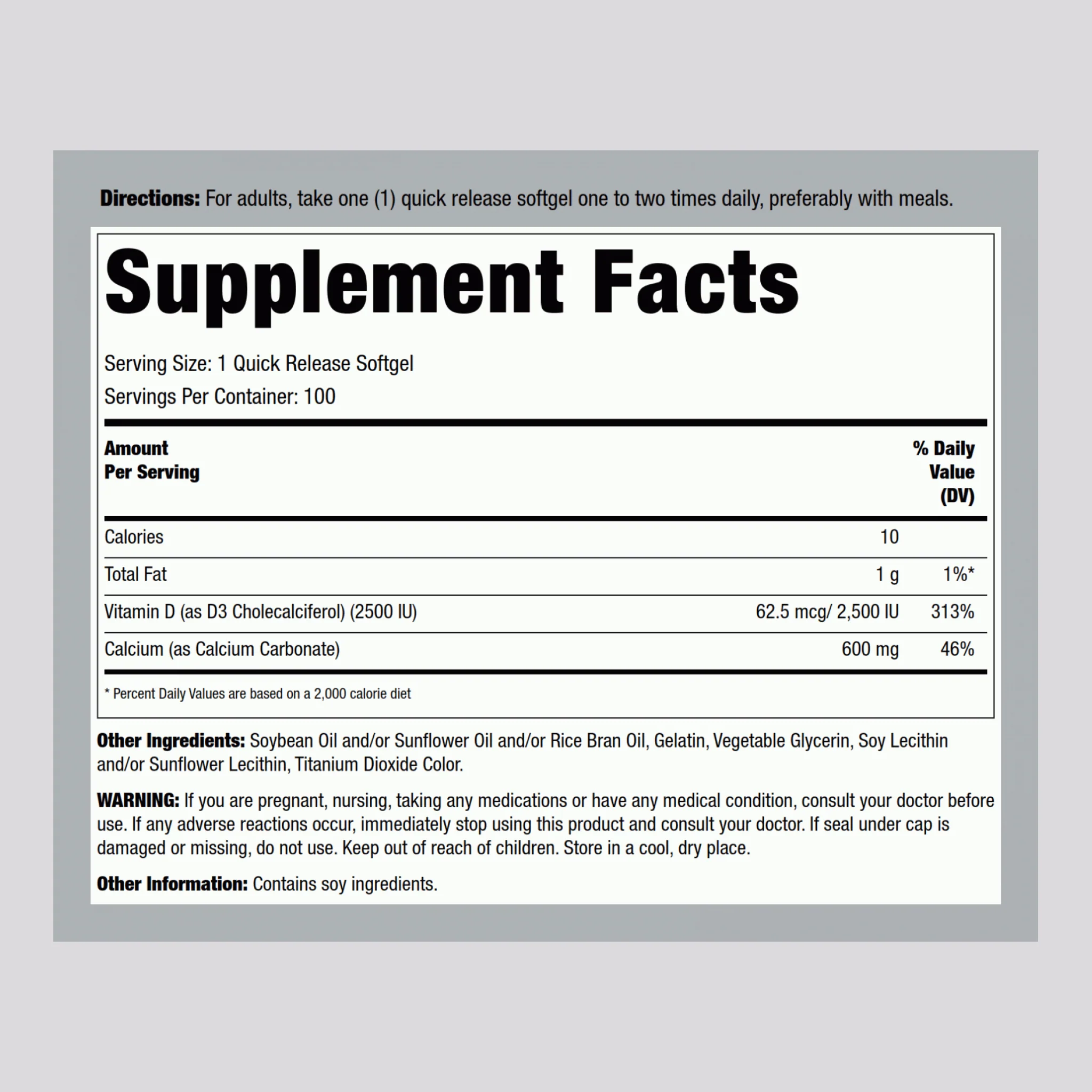 Calcium 600 mg with Vitamin D3 2500 IU, 100 Quick Release Softgels - Image 2