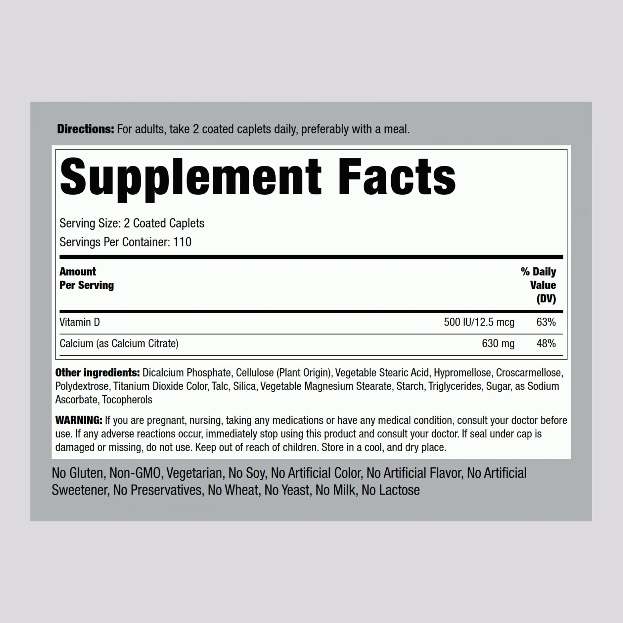 Calcium Citrate 630 mg (per serving) Plus D3 500 IU, 220 Coated Caplets - Image 2