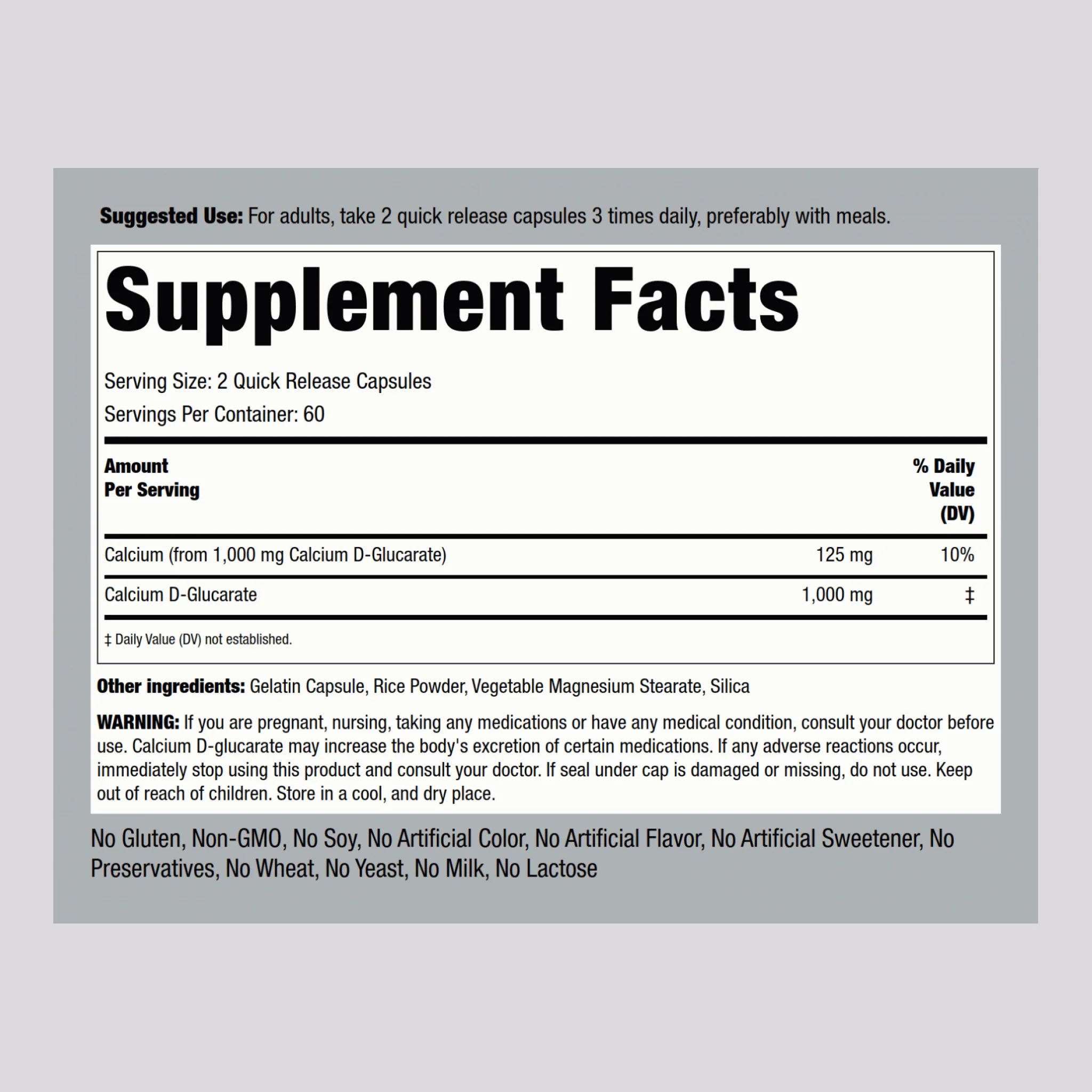 Calcium D-Glucarate, 1000 mg (per serving), 120 Quick Release Capsules - Image 2
