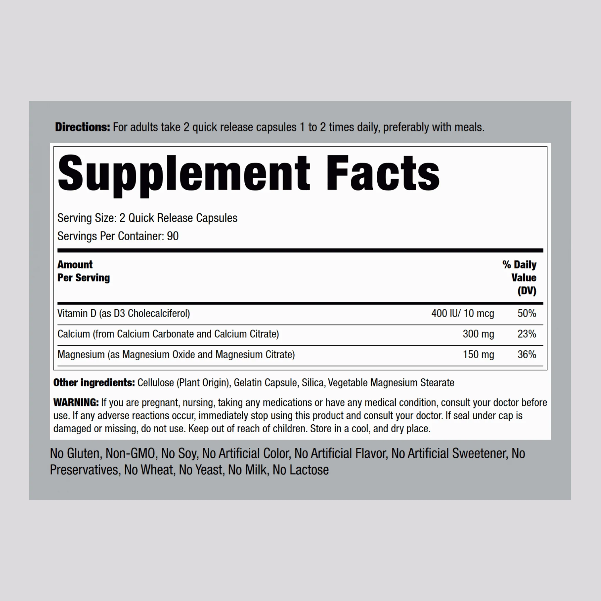 Calcium & Magnesium Citrate Plus D3 (Cal 300mg/Mag 150mg/D3 400IU) (per serving), 180 Quick Release Capsules - Image 2