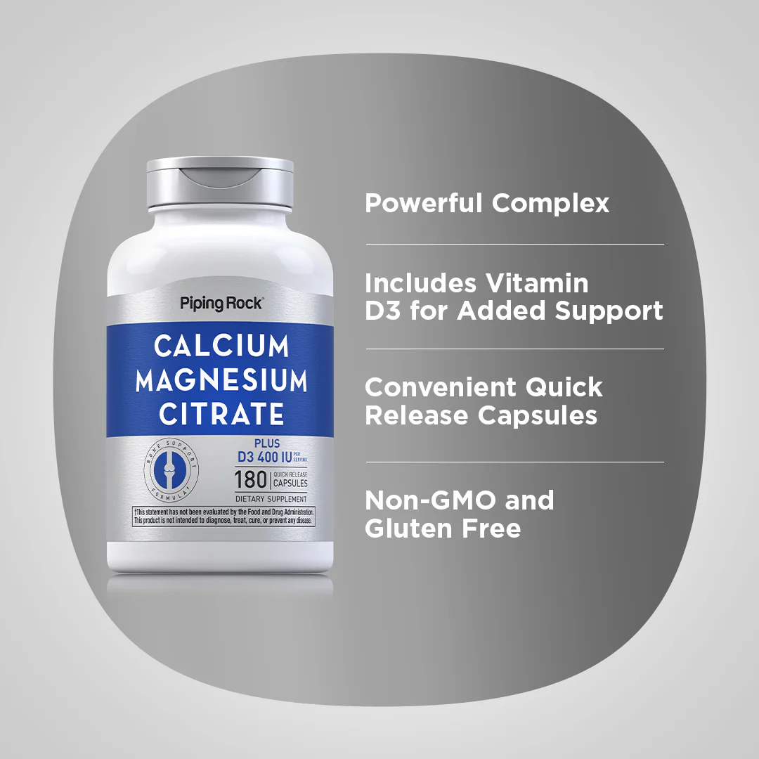 Calcium & Magnesium Citrate Plus D3 (Cal 300mg/Mag 150mg/D3 400IU) (per serving), 180 Quick Release Capsules - Image 4