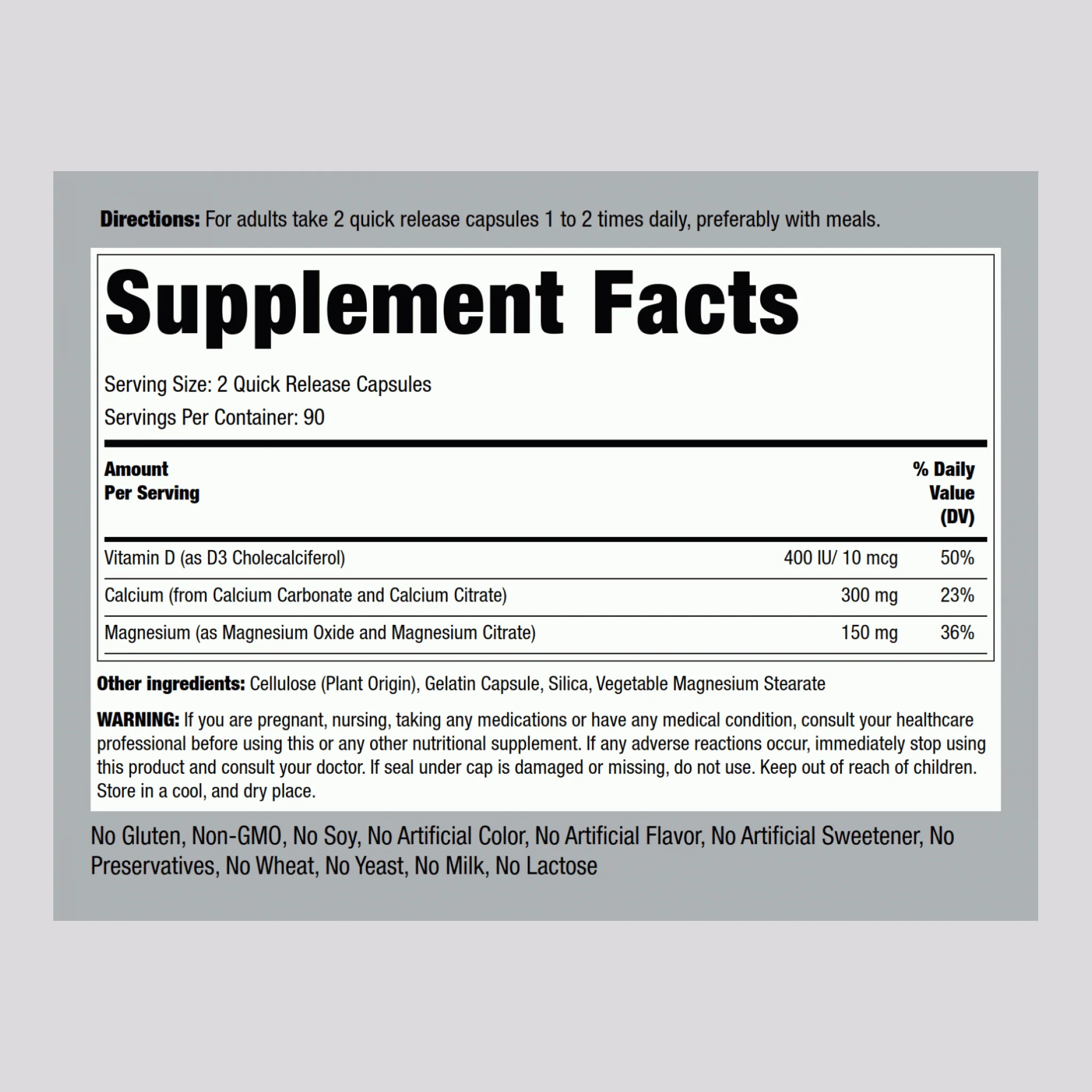 Calcium & Magnesium Citrate Plus D3 (Cal 300mg/Mag 150mg/D3 400IU) (per serving), 180 Quick Release Capsules, 2  Bottles - Image 2