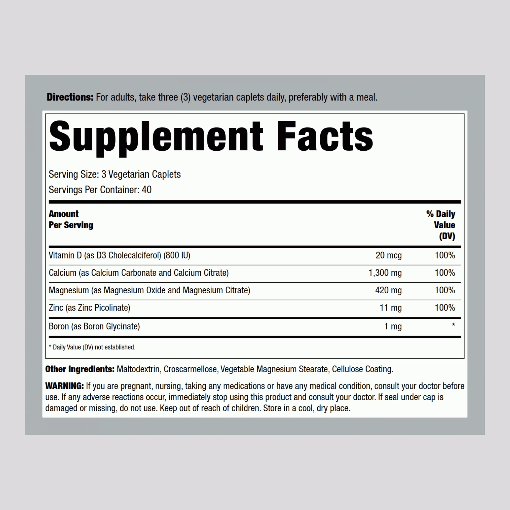 Calcium Magnesium Zinc with Vitamin D3, 120 Vegetarian Caplets - Image 2