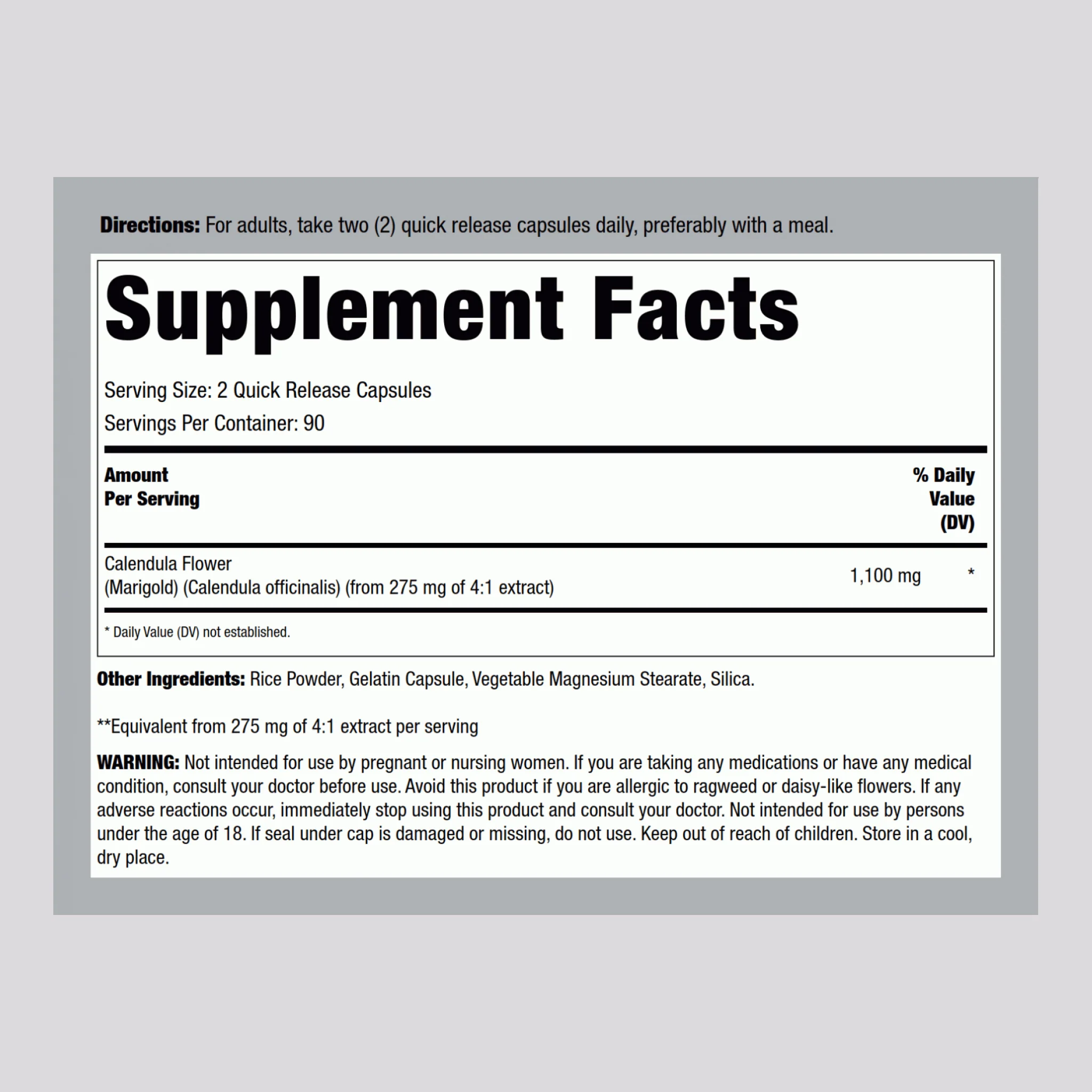 Calendula Flower (Marigold), 1100 mg (per serving), 180 Capsules - Image 2