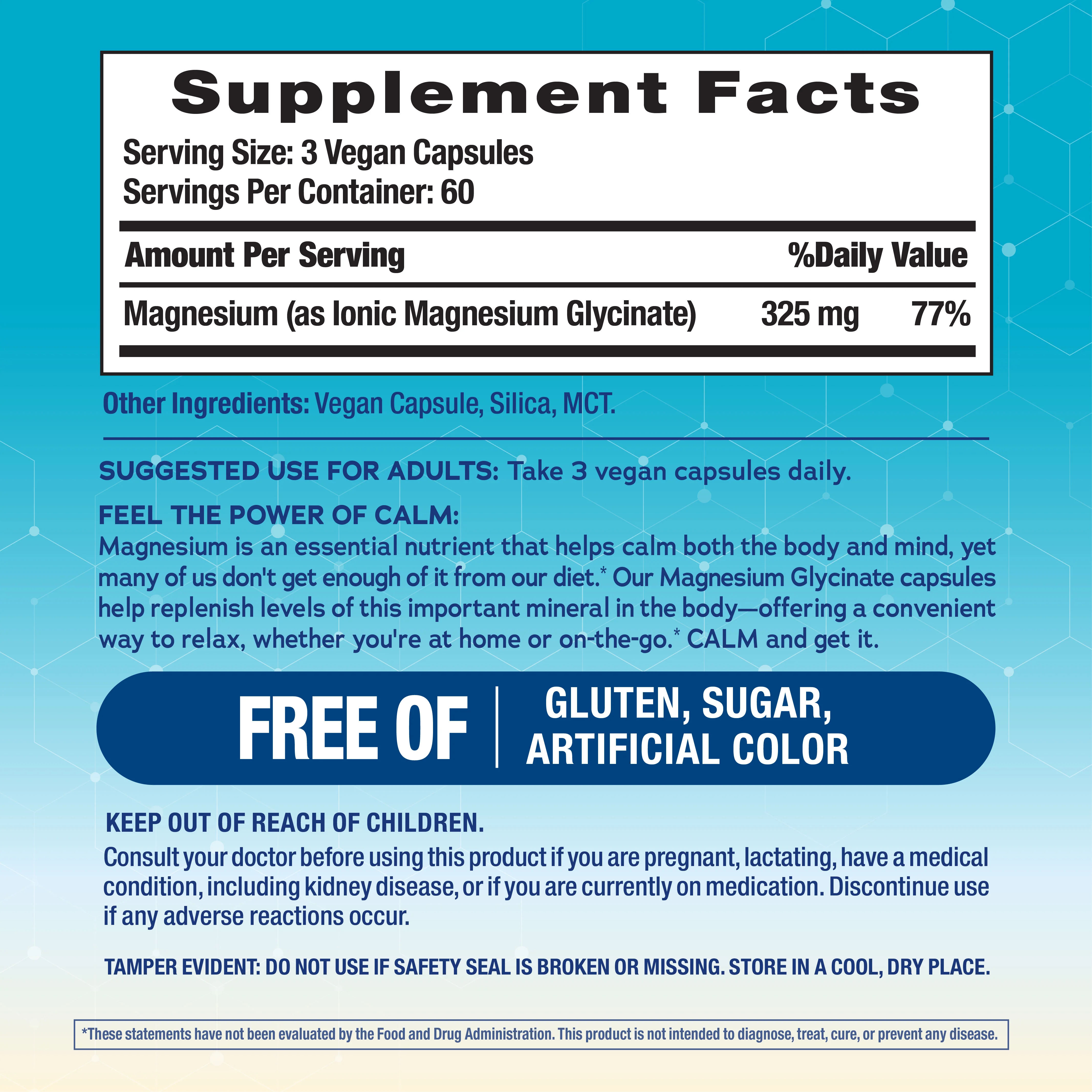 CALM Magnesium Glycinate, 325 mg, 180 Vegan Capsules - Image 3