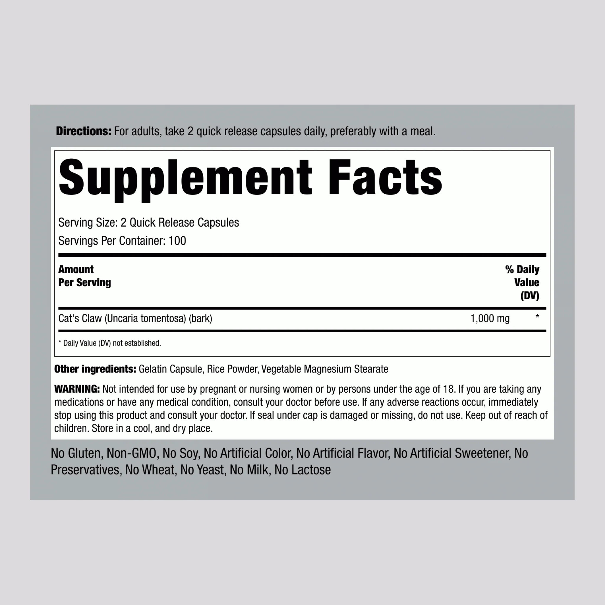 Cat's Claw (Una De Gato), 1000 mg (per serving), 200 Quick Release Capsules, 2  Bottles - Image 2