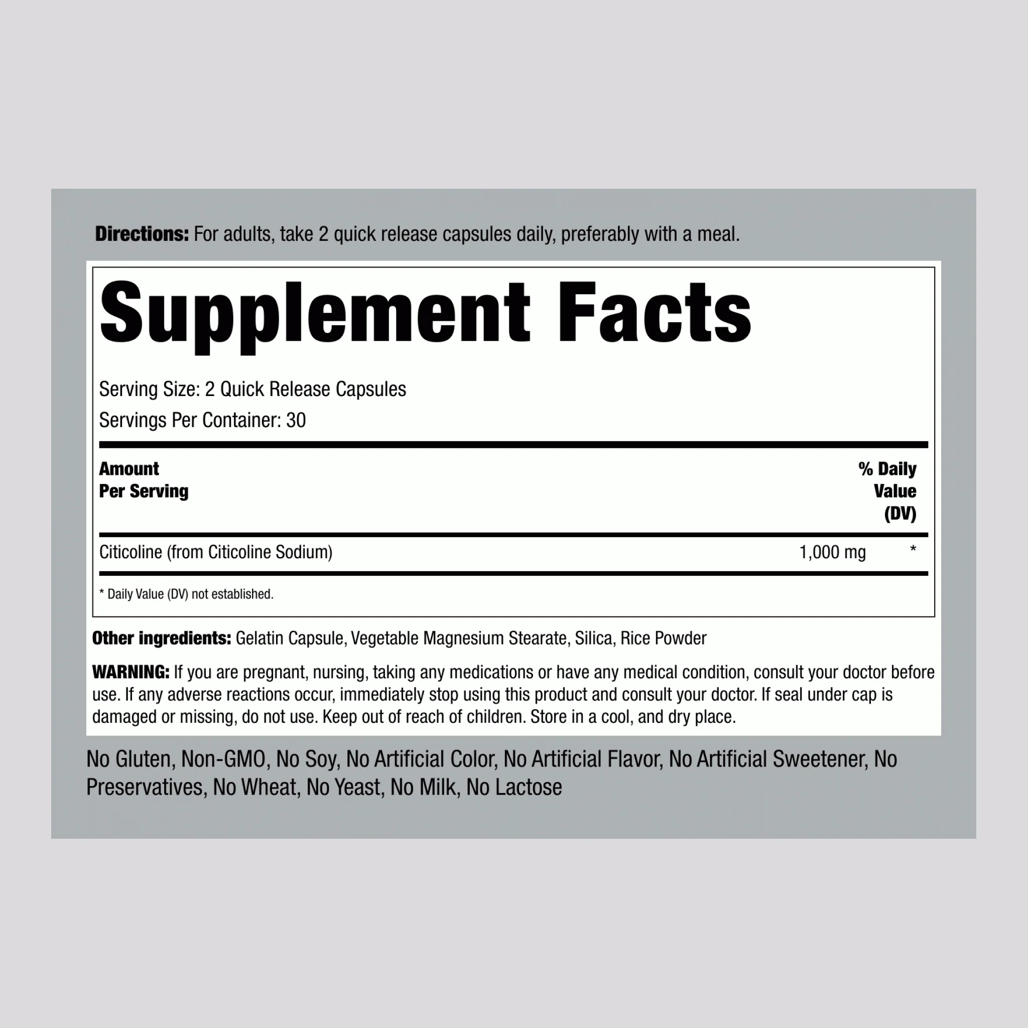 CDP Choline Citicoline, 1000 mg (per serving), 60 Quick Release Capsules - Image 2