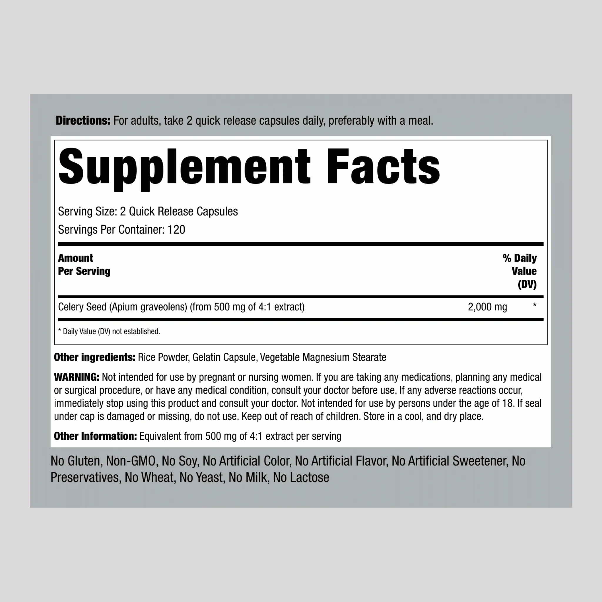 Celery Seed, 2000 mg (per serving), 240 Quick Release Capsules, 2  Bottles - Image 2