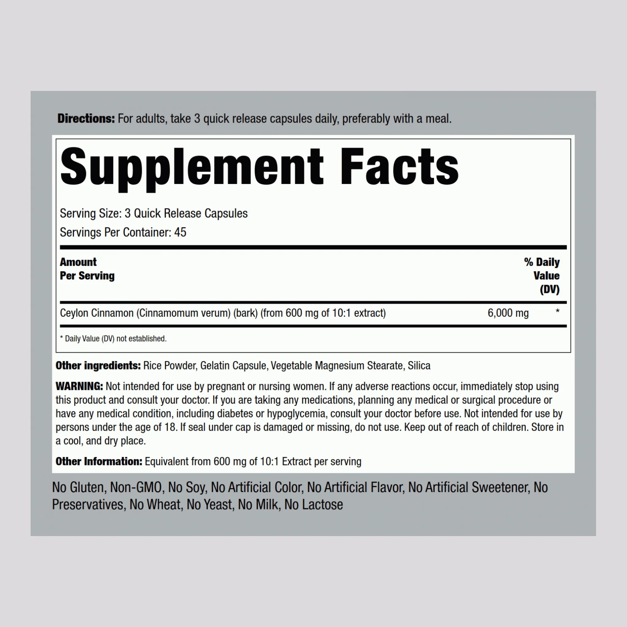 Ceylon Cinnamon, 6000 mg (per serving), 135 Quick Release Capsules - Image 2