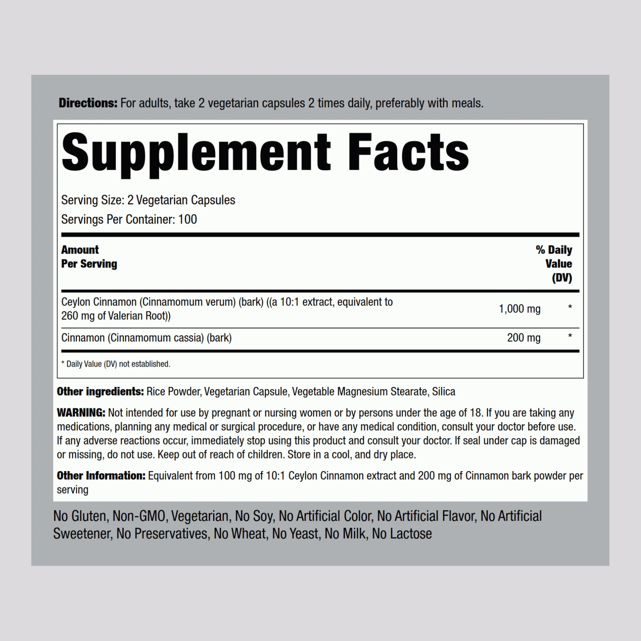 Ceylon Cinnamon Complex, 1200 mg (per serving), 200 Vegetarian Capsules - Image 2
