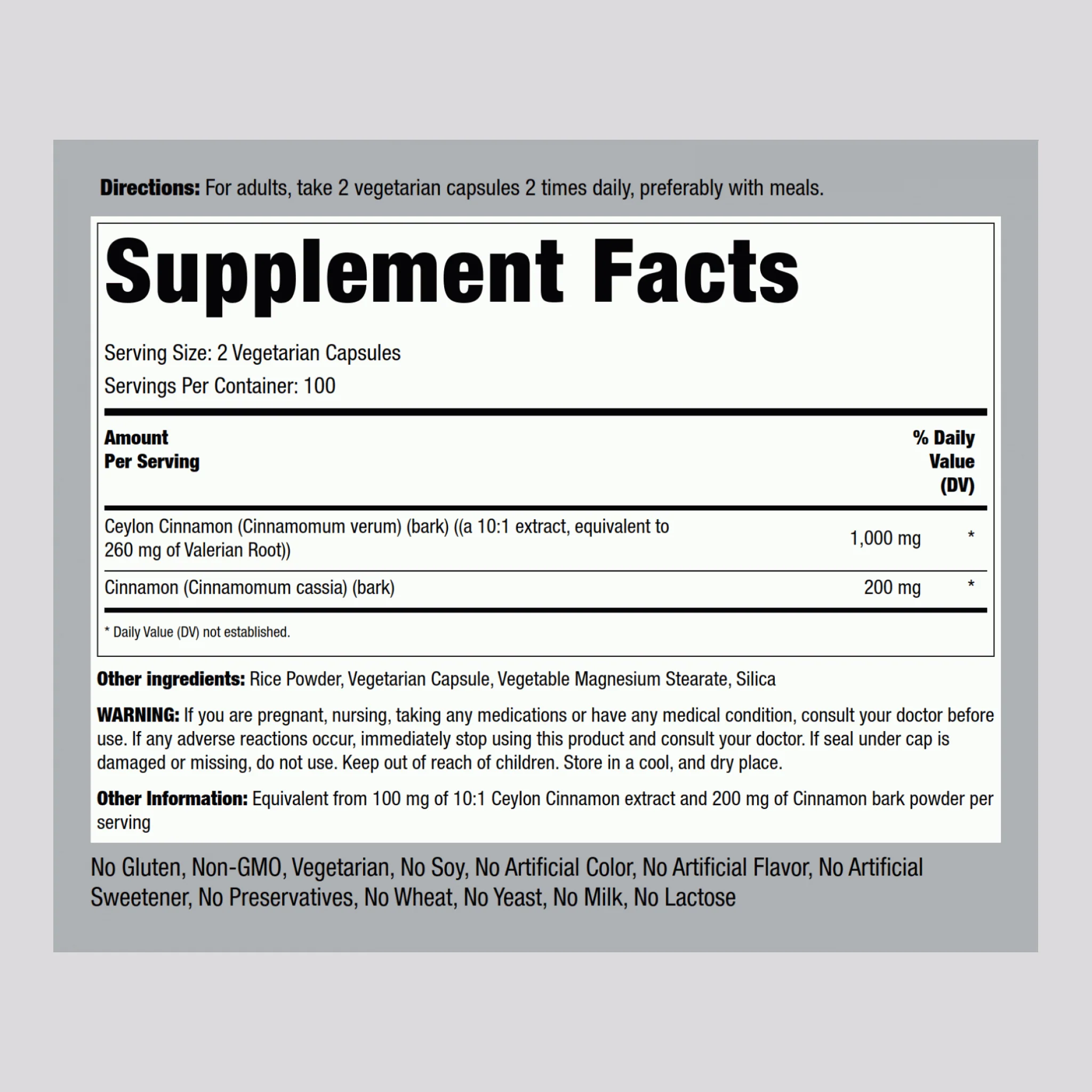 Ceylon Cinnamon Complex, 1200 mg (per serving), 200 Vegetarian Capsules, 2  Bottles - Image 2