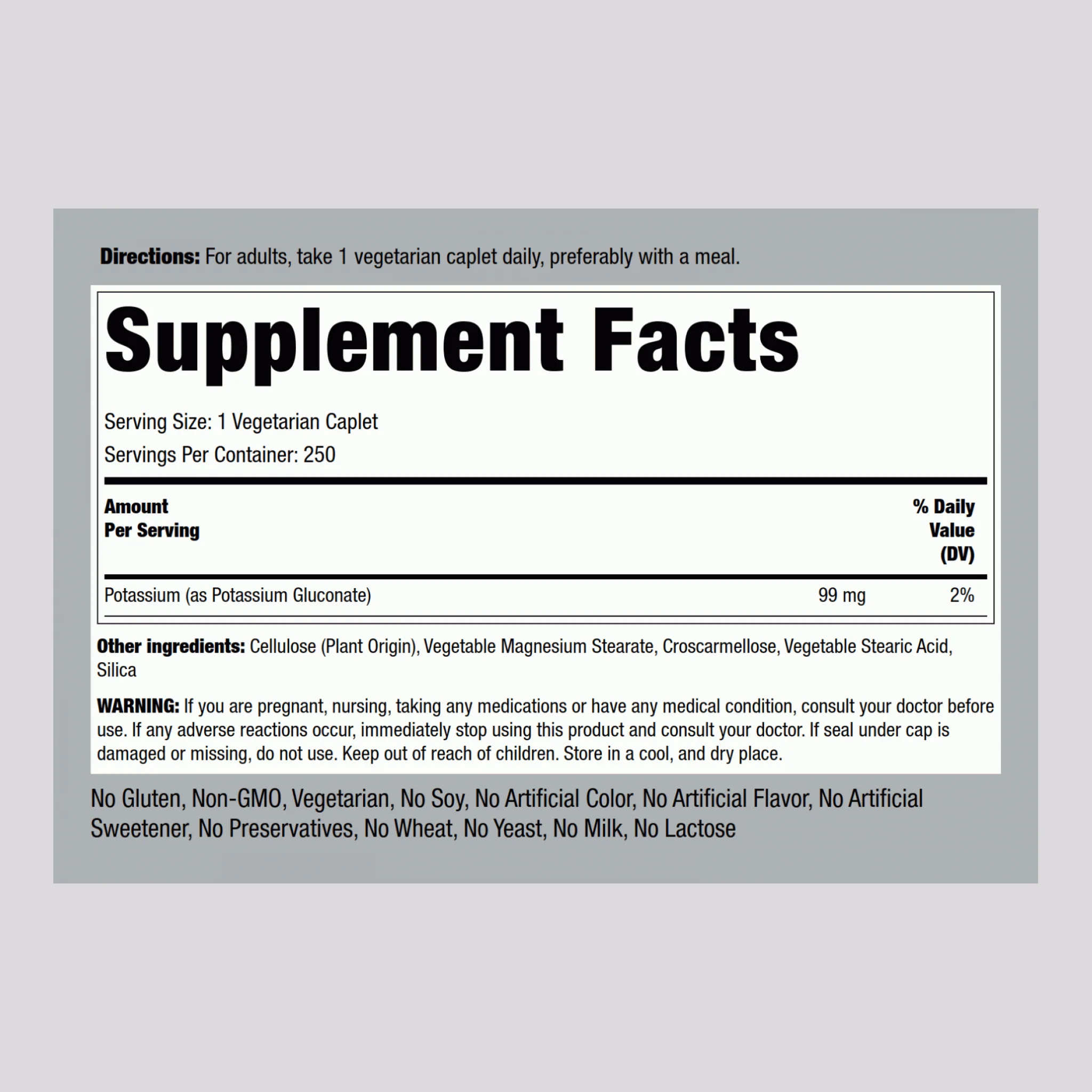 Chelated Potassium (Gluconate), 99 mg, 250 Vegetarian Caplets - Image 2