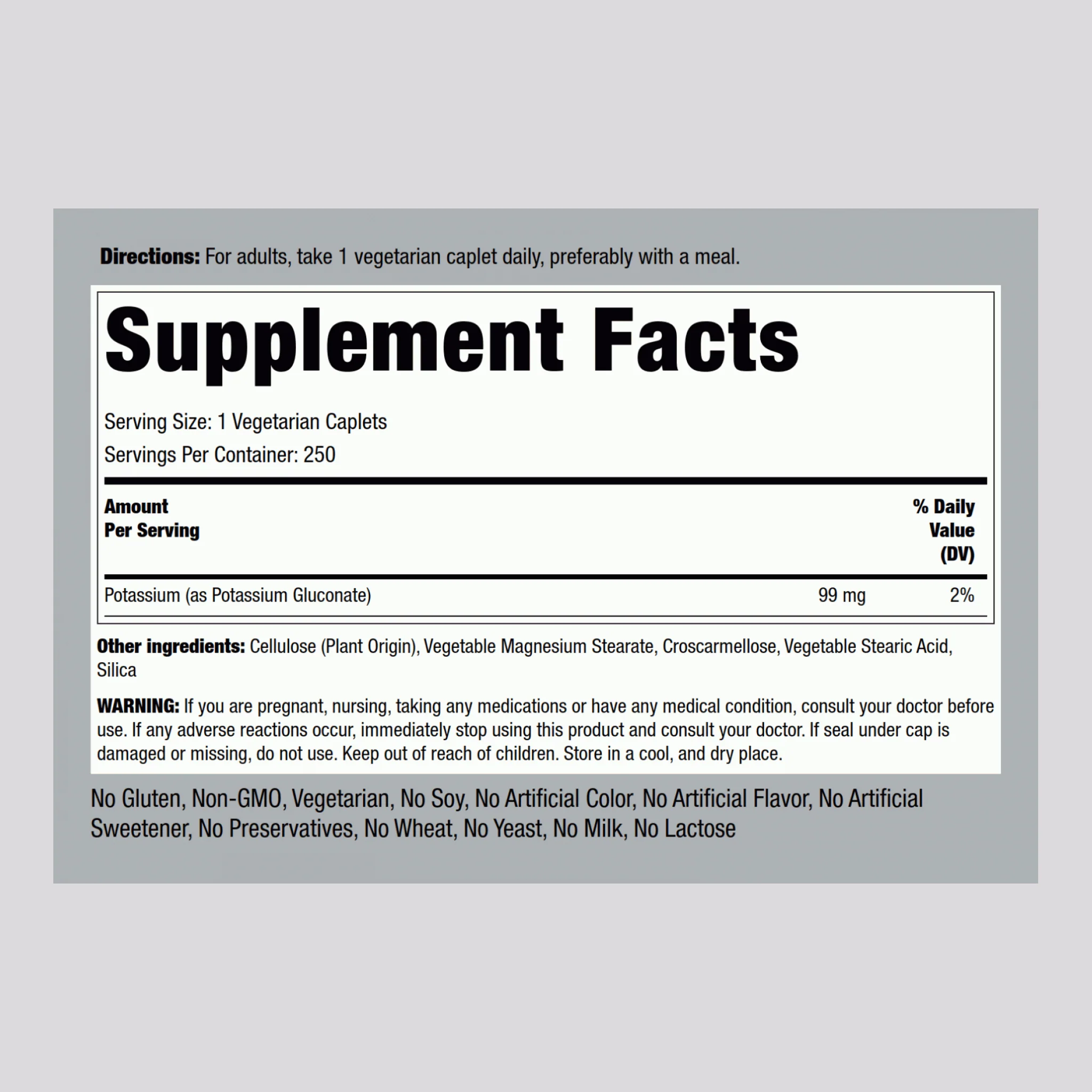 Chelated Potassium (Gluconate), 99 mg, 250 Vegetarian Caplets, 2  Bottles - Image 2