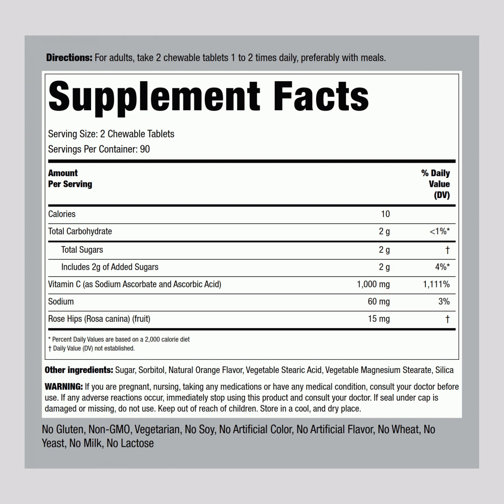 Chewable Vitamin C (Natural Orange), 1000 mg (per serving), 180 Chewable Tablets - Image 2