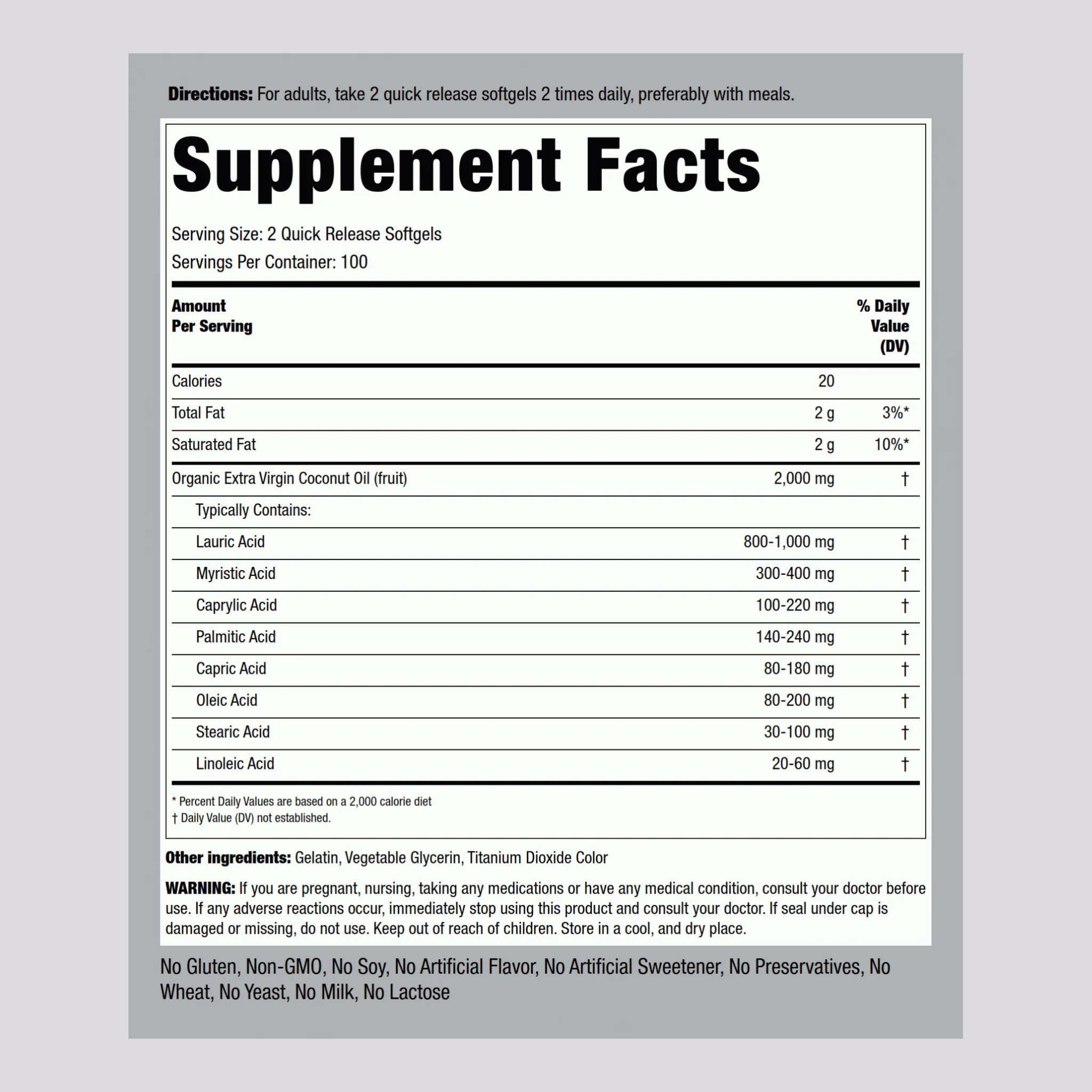 Coconut Oil (Extra Virgin), 2000 mg (per serving), 200 Quick Release Softgels, 2  Bottles - Image 2