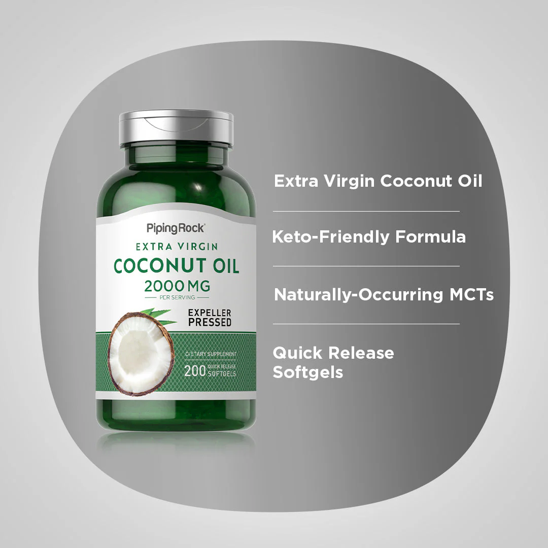 Coconut Oil (Extra Virgin), 2000 mg (per serving), 200 Quick Release Softgels, 2  Bottles - Image 4