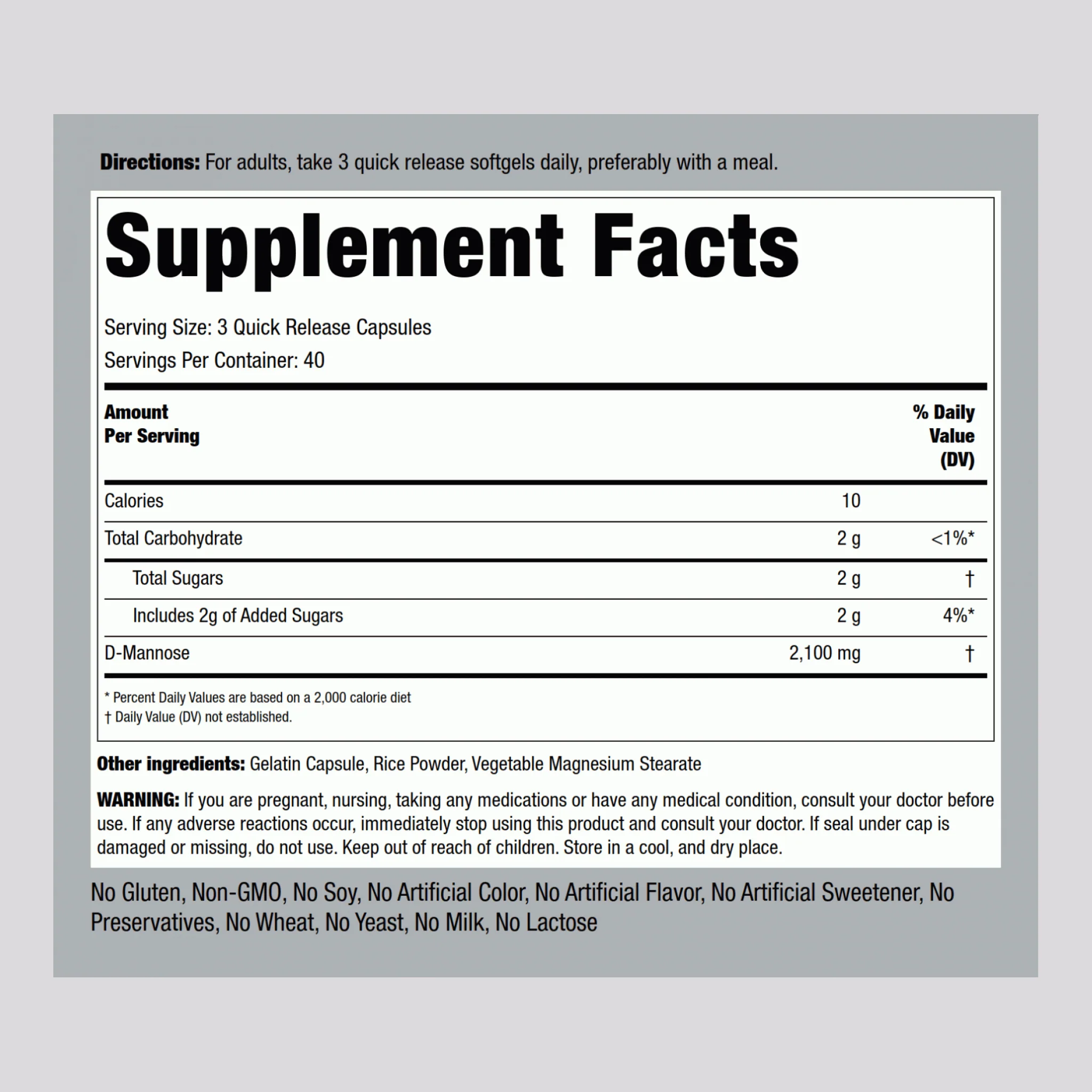 D-Mannose, 2100 mg (per serving), 120 Quick Release Capsules - Image 2