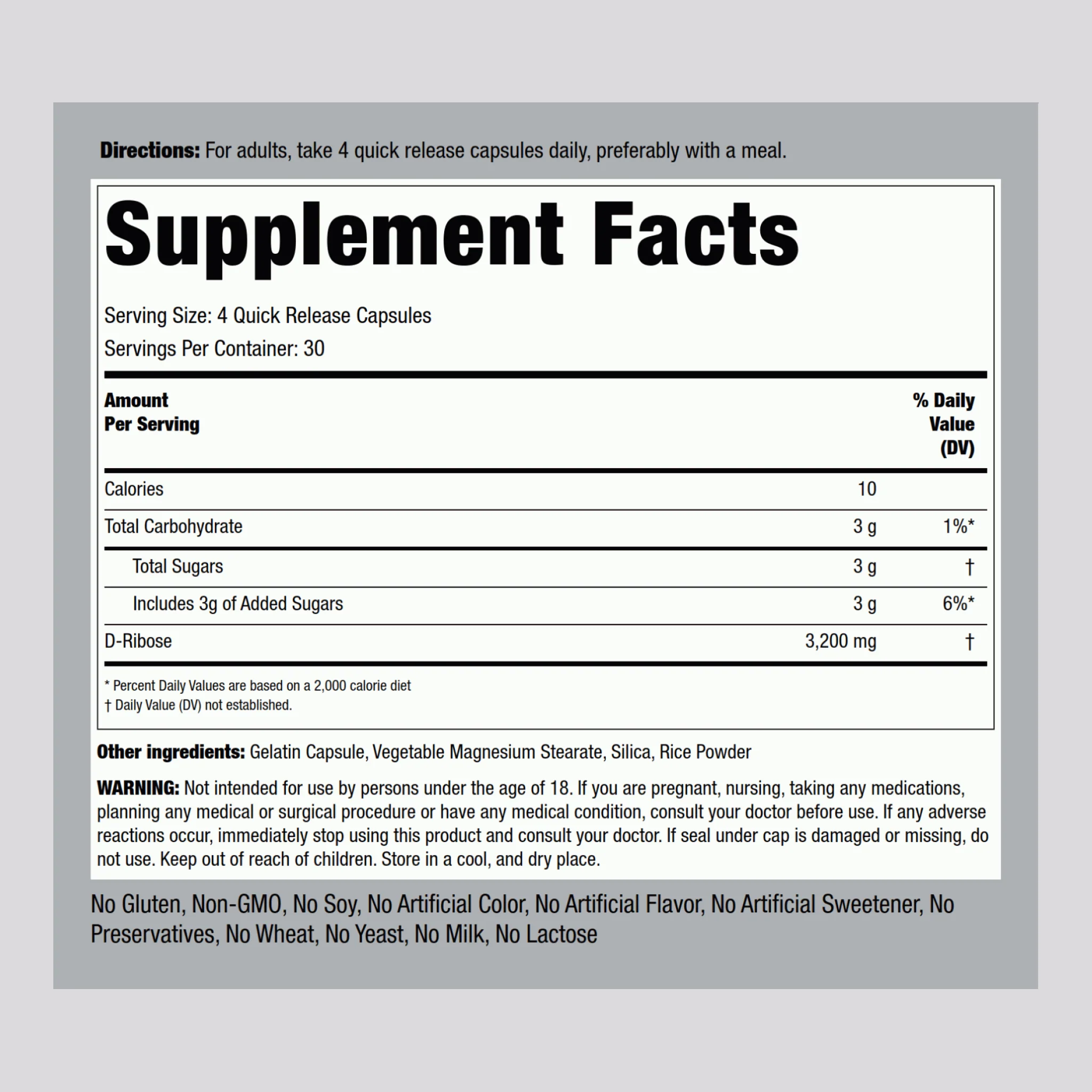 D-Ribose 100% Pure, 3200 mg (per serving), 120 Quick Release Capsules - Image 2