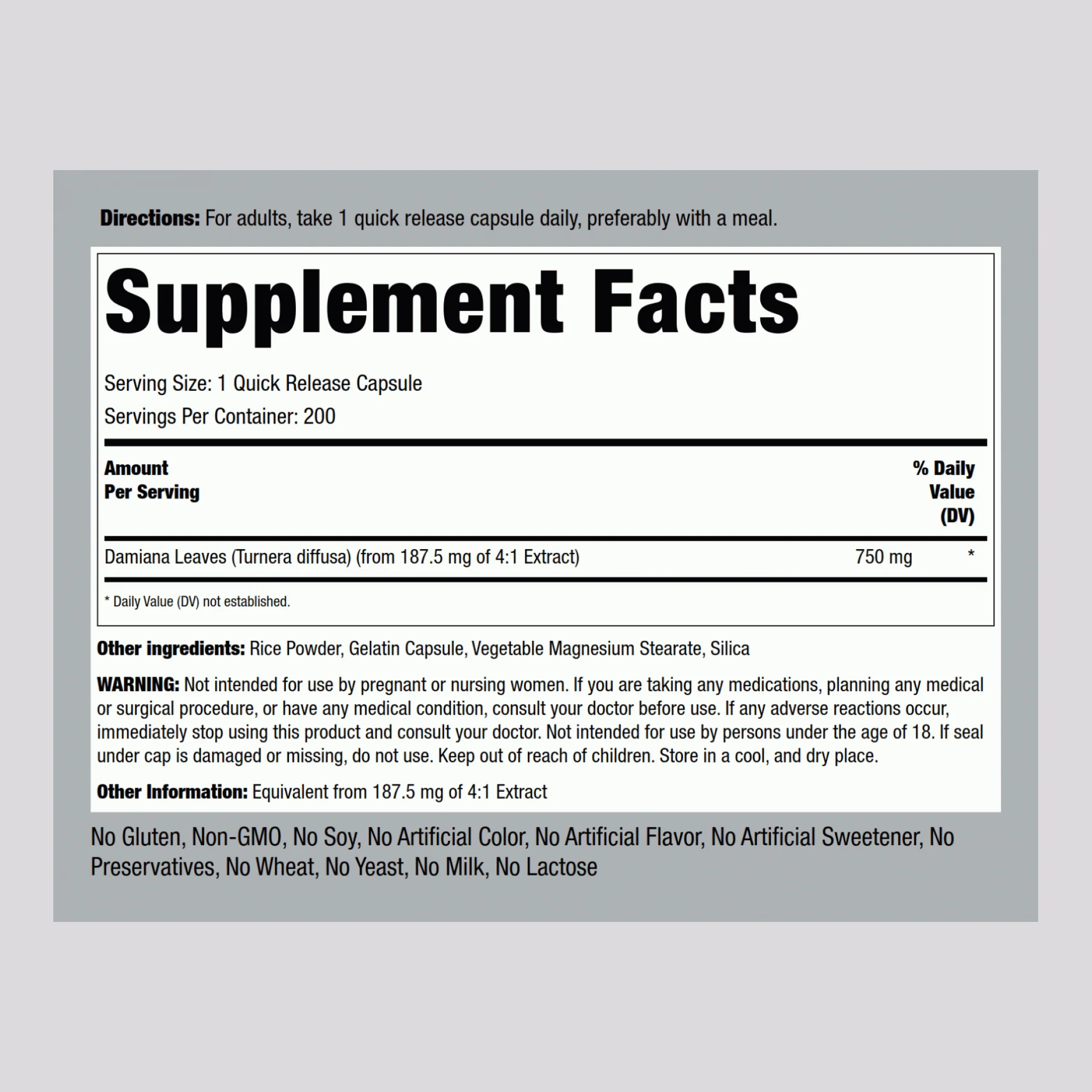 Damiana Leaves, 750 mg, 200 Quick Release Capsules - Image 2